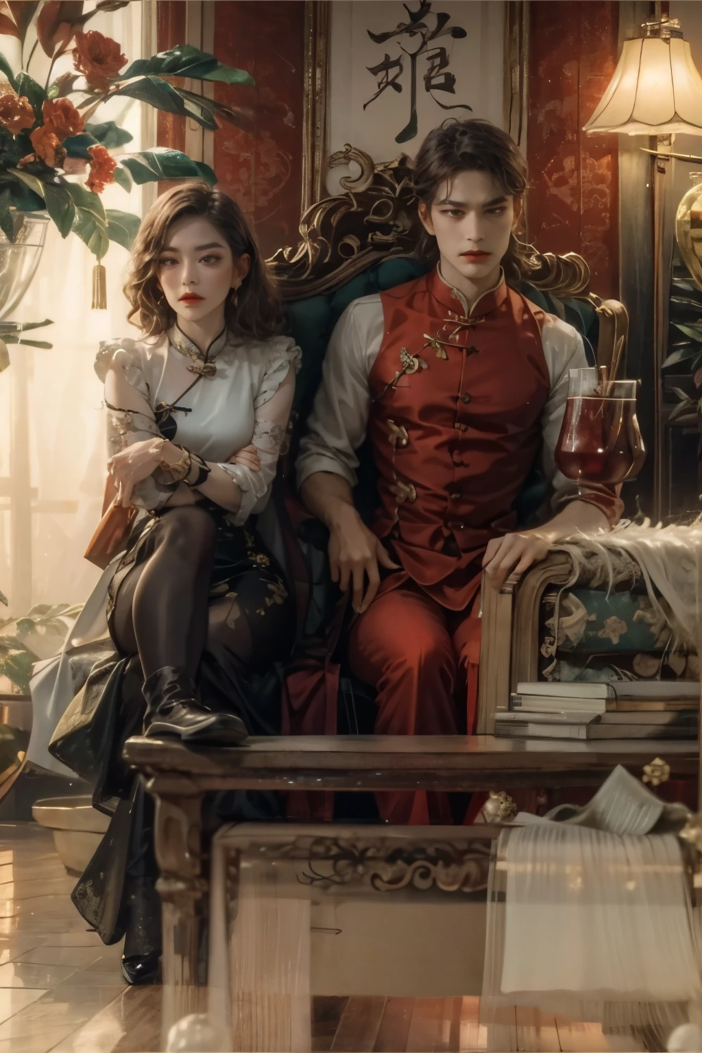 Woman cross-legged, man in Chinese cheongsam, black hair, 70s China, looking at viewer, indifferent face, Great Wall background, retro red woman's cheongsam, full body, both seated, front view, wide angle, sharp, with table in the middle, ผู้ชายหล่อ, ผู้หญิงสวย, คู่รัก, นั่งหันหน้าตรง, ภาพวาดหน้าปกนิยาย, นั่งห่างกัน, มีโต๊ะกั้นระหว่างผู้ชายและผู้หญิง