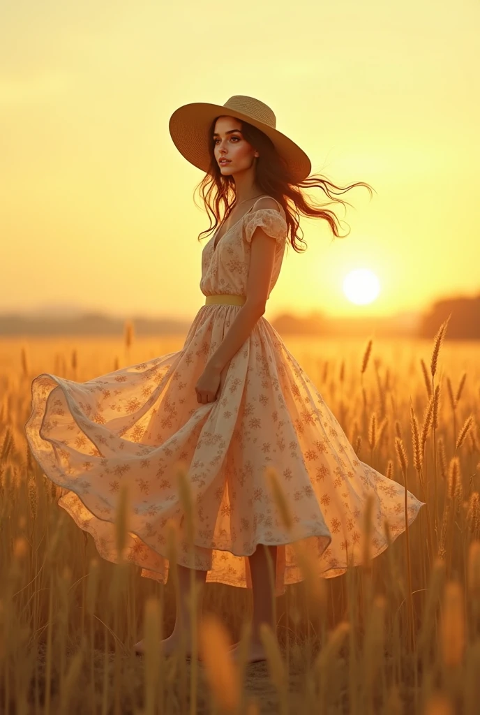 (photorealism:1.2), beautiful woman, brown hair style, on a field, with high grama, She was wearing a colorful country-style dress, dark and gloomy atmosphere, posing sideways and looking towards the ground, Transparent dress, realist, intricate details, warm color environment, Lifting up her dress and showing her beautiful legs, extremely bright sun in the background, pose sensual, posing like a top model