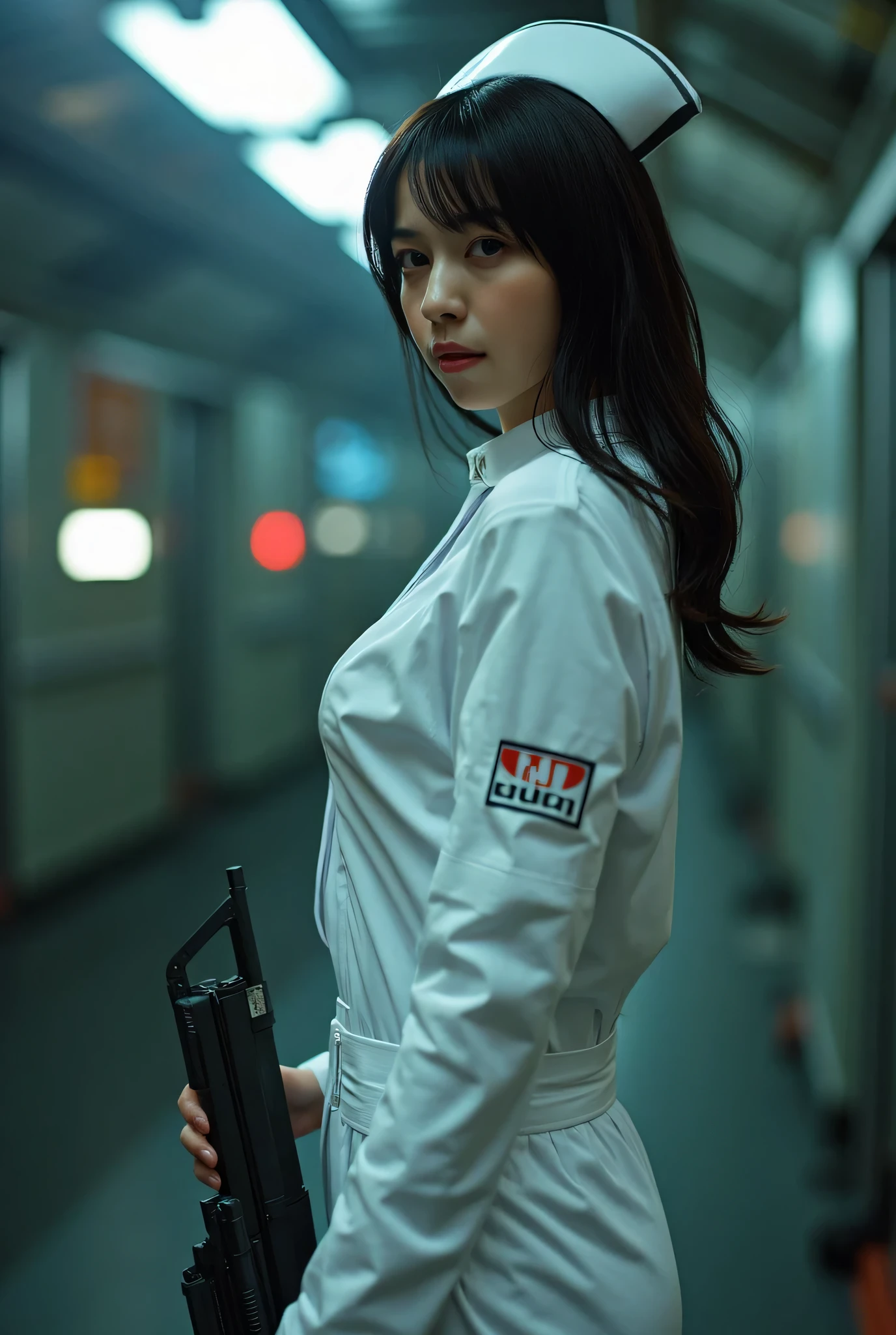 (((White nurse cap:2.0))),(((The dark interior of the Nostromo ship :2.0))),((( HR Gigger style cyberpunk atmosphere :2.0))),(((holding a syringe-style rifle:2.0))), standing,((full body:2.0)),one woman,(Cute Face),(Beautiful well-balanced face ),((long hair with bangs:2.0)),( black hair:1.5),(beautiful eyes:1.3),a glamorous shot of a 20-year-old Japanese woman, Slender Beautiful Body ,((model body type:2.0)),(( slim body with hot water:1.7)),perfect body line,ideal proportions,((big breasts:2.0)),((F cup chest wearing:1.5)),Big Breasts,Bare thighs,sensual thighs seen from below the crowd,delicate body,( Muscular:1.7),A harmonious posture,((Realistic breast depiction :1.7)),carefully depicting limbs based on perfect anatomy,((white super high leg plug suit in the style of a near-future nurse suit:1.5)),((white super high leg plug suit made of fitted cammy latex:1.5)),(((White nurse cap:2.0))),((Tactical Holster:1.5)),Concept Art,(top quality:1.5),(masterpiece:1.5),(Ultra-high resolution),resolution,UHD,( delicate depiction), carefully drawn with butterfly wings ,32K,((realistic skin texture:1.5)),((( super realistic :1.5))), eyelashes,very detailed face,Highly detailed female hand, Sexy appearance ,Very sensual,(Blurry Dim Backgrounds :1.5),professional photo shoot,(movie light:2.0),((Blade Runner-style lighting:2.0))