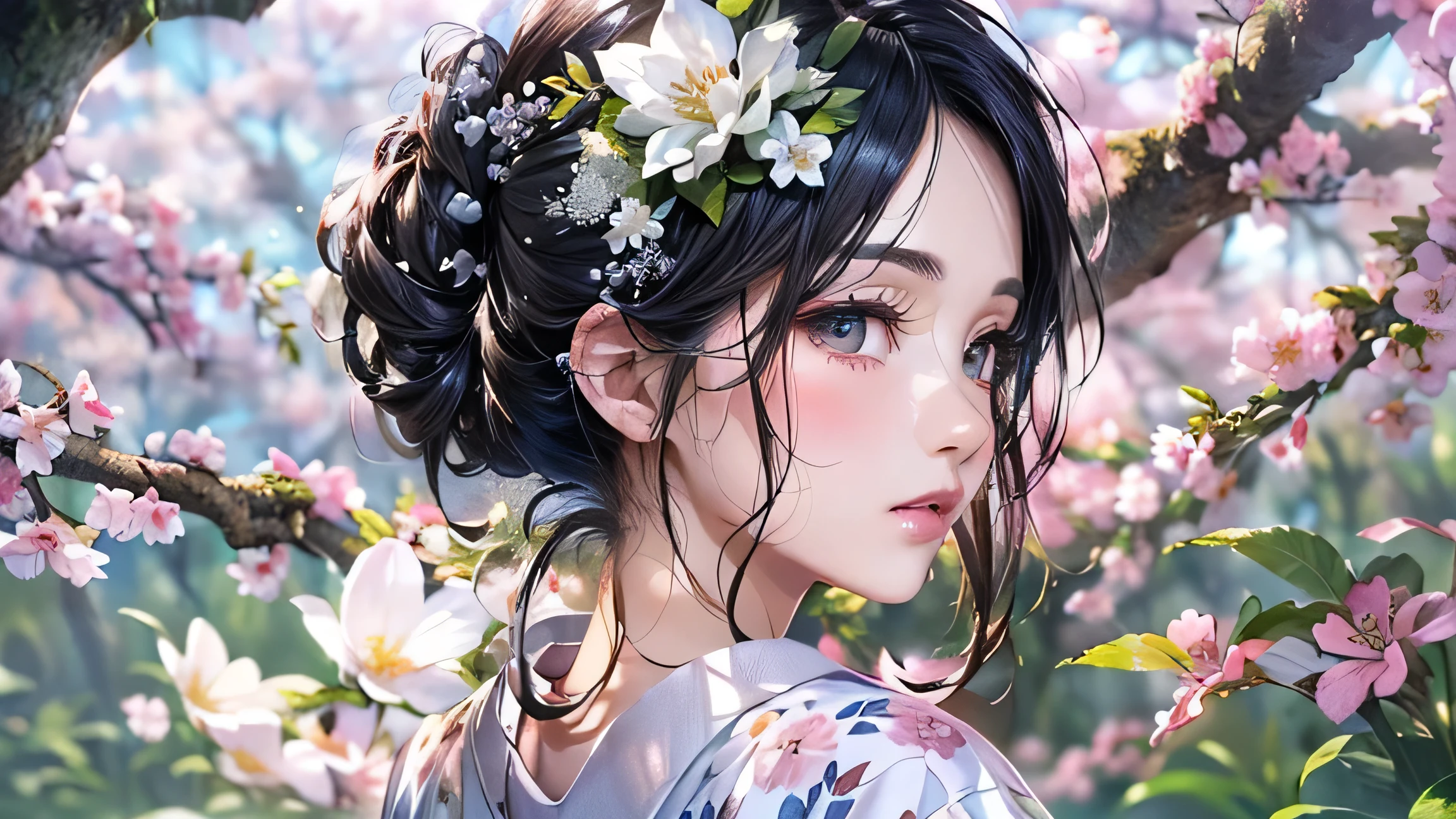 ink painting style, ink Wash Painting,(Official Art、top quality、 Unity 8k Wallpaper、32K、masterpiece、very detailed、super high resolution、 oil painting style :1.2)、slender、medium bust、(full body:1.2)、(profile in landscape orientation from、I looked away) :1.2)、high detailed background、 almond-shaped eyes、blurry background、Yukata Beauty、(very detailed顔と目、beautiful face、super detailed skin、fine skin:1.3)、Japanese style house、 veranda、 morning glow、Spring scenery、smooth jet black hair, white floral hair ornament, Exposed Collarbone, delicate neckline, Soft Cloths,Dreamy atmosphere, Dreamy Atmosphere, refined elegance .