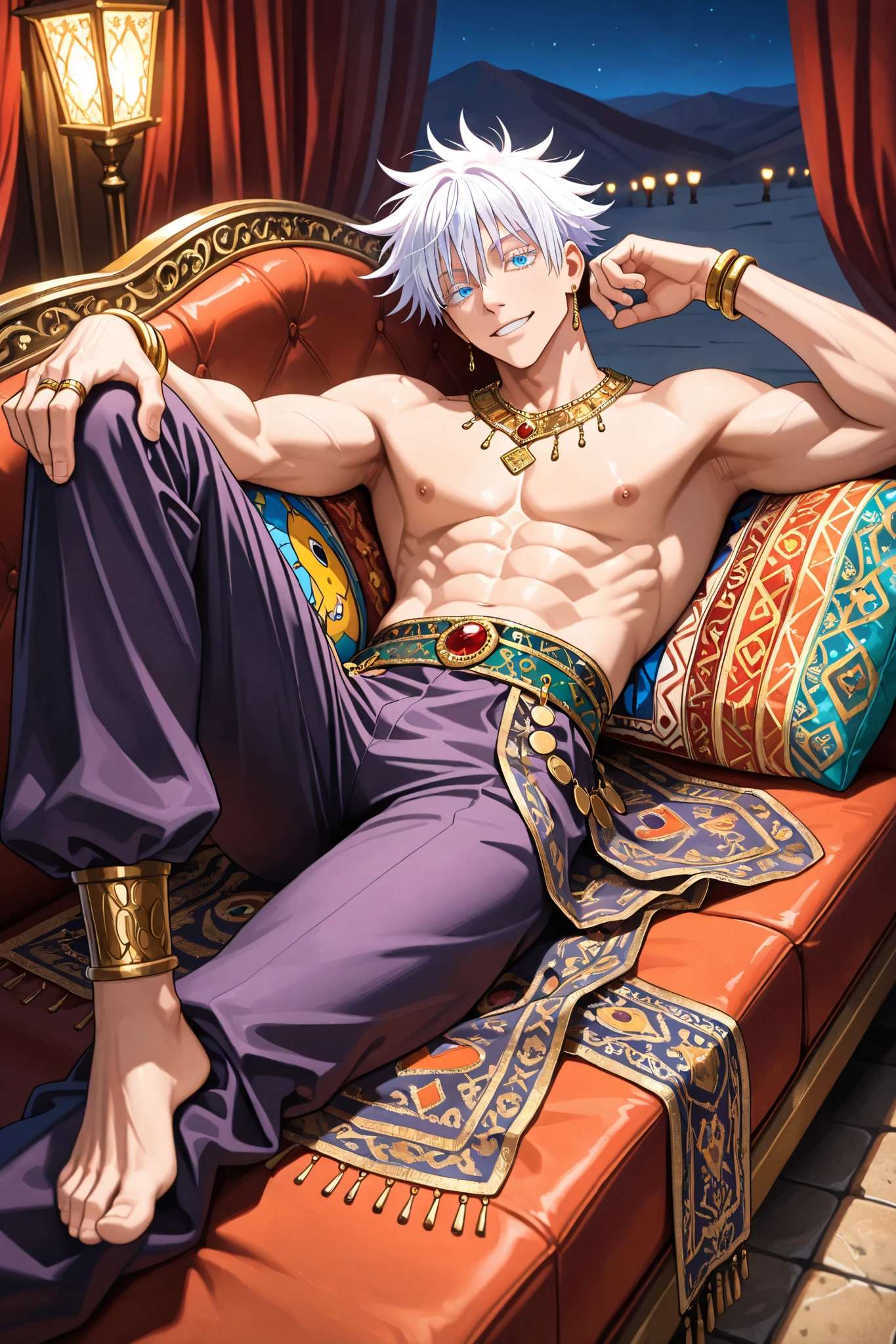 (masterpiece), (highest quality), (very detailed), (The best shape ), (absurd), (so beautiful), clear eyes, unusual, 8k, 32K, high resolution, very detailed e CG, score_9, score_8_high, score_7_high, This _Anime-series_series, cinematic, detaillierte Eyes, detailed pupils, perfect body, solo, 1 man, gojou satoru, jujutsu kaisen, white hair, blue Eyes, white eyelashes, Powerful man, charming smile , cultan, desert cultan, lying on a majestic royal couch, one leg up, head rests on one hand, handsome, muscular, trained body, Arabian royal outfit, sultan outfit, bare chest, dressed like a sultan, lots of gold jewelry, gold earrings, gold rings, gold necklaces, low-waisted pants, various curtains, Arabian style, night, lantern lighting, colorful pillows, flirtatious expression, sexy, sexy pose, lying in the pillows