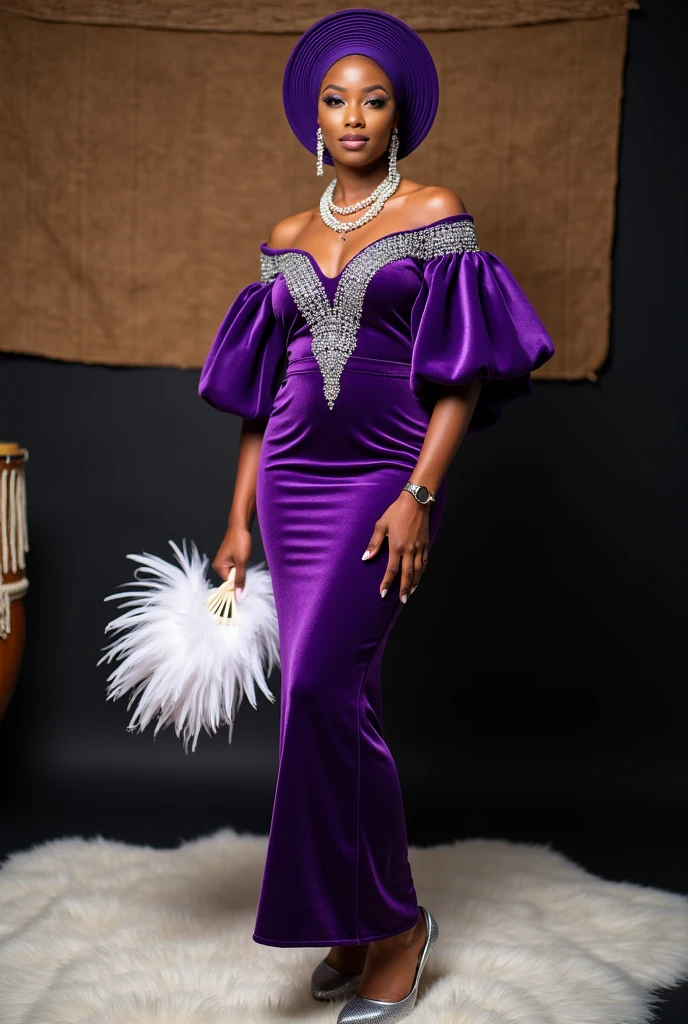 looking at viewer, Black beautiful  female, Age: 20 age-old,  Black hair , chignon ,  beautiful black eye, little smile, (C cup breasts, slender whist, middle hip),(Royal Navy color Princess dress, evening  long dress:1.3), Velvet Fabric, Mink fur covering the shoulders、Crew neck dress、Dress with shoulder decoration,stockings,  HI heals, gold ring earring, gold neckless, bracelet,  gorgeous tiara , standing on floor, evening dinner Party , night, UHD, accurate, anatomically correct, textured skin, super detail, high details, high quality, best quality,  