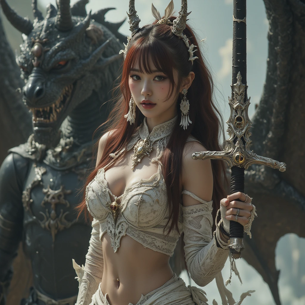 top-quality、masterpiece、超A high resolution、(Photorealsitic:1.4)、Raw photo、女の子1人、(((Chinese White Dragon Background))),(Armor with beautiful patterns in every detail)、(((heavy breasts))),glowy skin、(((Cliff background、Large mountain ranges、falls))))、(Random hair),(((Detailed Micro Bikini Armor)))、(((Mystical expression))),(((glowy skin))),(Gorgeous blue rubber body))、(Background of decaying dungeon ruins)、(Ultimate Beauty))、(Full Body Angle)、((super realistic details))、portlate),globalillumination、Shadow、octan render、8K、ultrasharp、Colossal tits、Raw skin is exposed in cleavage、Details of complex ornaments、Japan details、highly intricate detail、Realistic light、(Mystical expression),CGSoation Trends、Blue eyes、radiant eyes、Facing the camera)、Toostock、Ultimate Beauty、Detailed sword)、(((dragon background))),Precipitous cliffs、