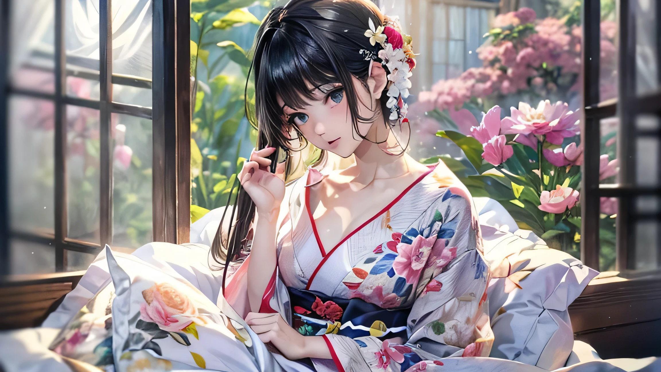 ink painting style, ink Wash Painting,(Official Art、top quality、 Unity 8k Wallpaper、32K、masterpiece、very detailed、super high resolution、 oil painting style :1.2)、slender、medium bust、(full body:1.2)、(profile in landscape orientation from、I looked away) :1.2)、high detailed background、 almond-shaped eyes、blurry background、Yukata Beauty、(very detailed顔と目、beautiful face、super detailed skin、fine skin:1.3)、Japanese style house、 veranda、 morning glow、Spring scenery、smooth jet black hair, white floral hair ornament, Exposed Collarbone, delicate neckline, Soft Cloths,Dreamy atmosphere, Dreamy Atmosphere, refined elegance .