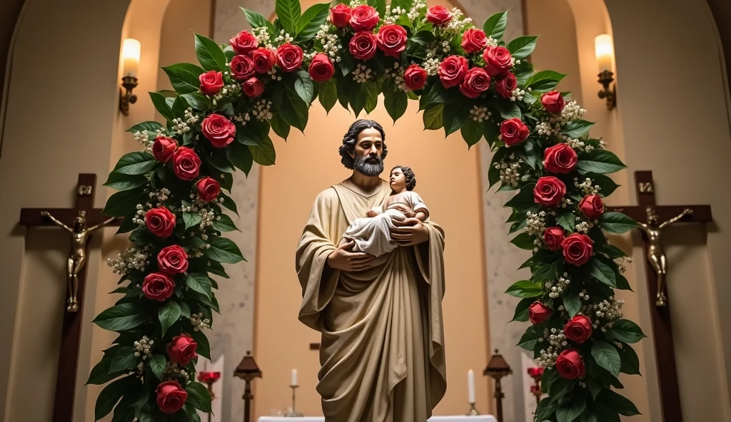 A stunning hyper-realistic photograph of the carpenter São José, looking at the camera. He is portrayed with an air of serenity, tenderly holding the Baby Jesus in one arm and in the other hand a magnificent bouquet of white lilies. The image is meticulously crafted, with exquisite detail in Saint Joseph's carpenter's clothing and a sense of depth that makes it seem almost real. The background is a carpentry shop, where Saint Joseph worked as a carpenter, with a subtle glow emanating from the scene, accentuating the beauty of the statue., photo, cinematographic