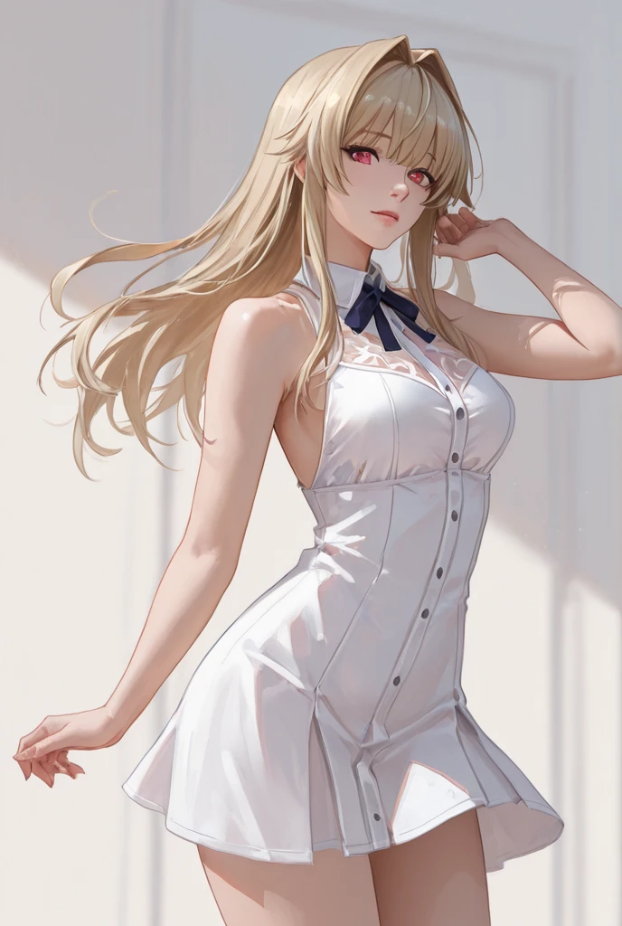 NFSW、Exhibitionism、portrait from head to toe、simple background、I'm looking away、20 year old girl、long curly blonde hair、Small, agile and young with lots of energy、naked and wearing only a dress shirt、You can see your body without buttoning your shirt、Bare feet with visible leg lines、