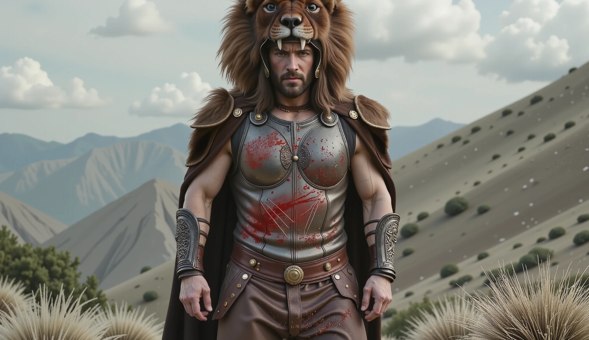 Hercules wearing his lion armor. His helmet is the head of a lion. The scene is realistic with a wide frame. His armor is dirty with dust and blood, and his cape is dusty. blood, dust, greece, action, walking.