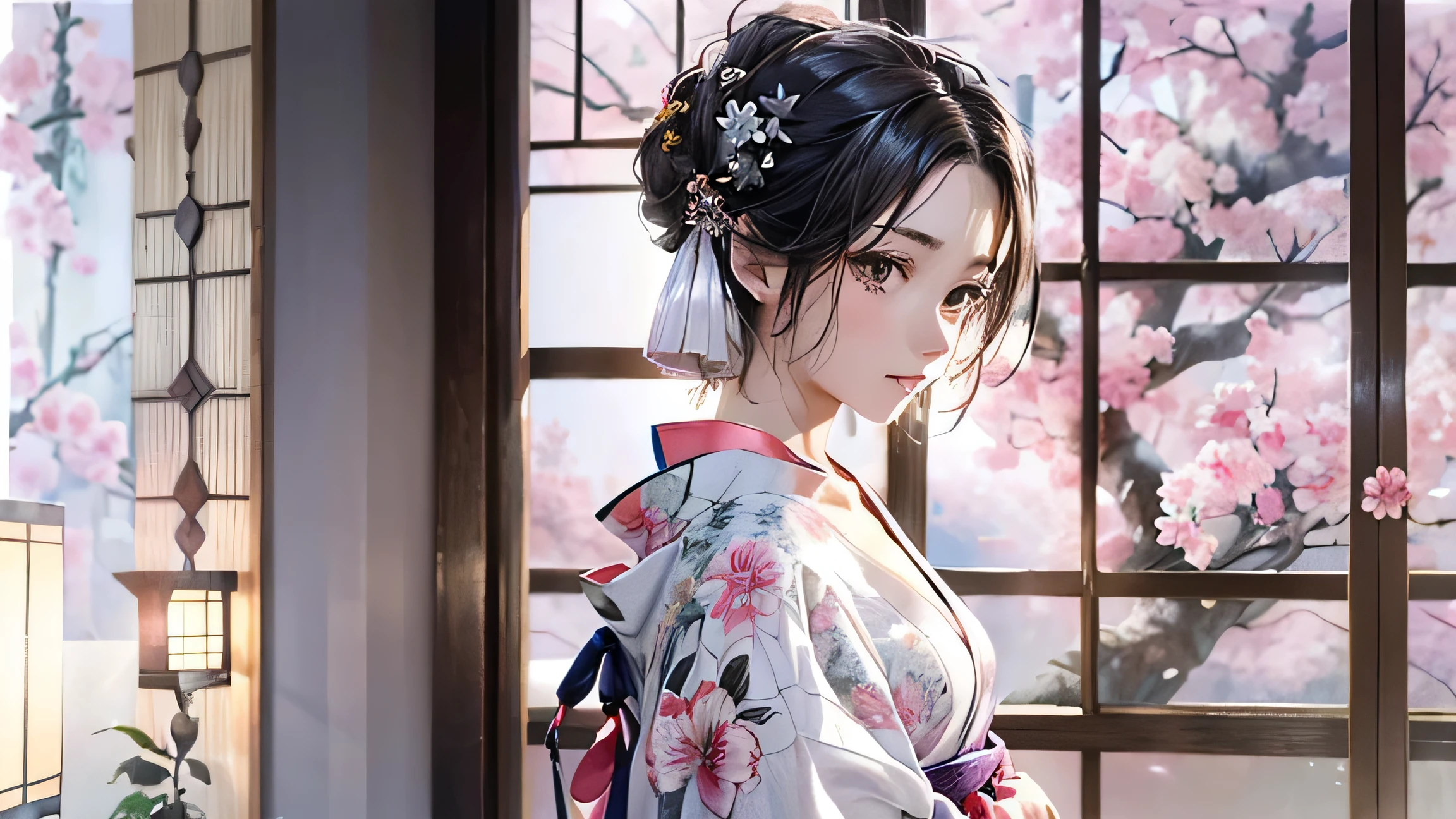 ink painting style, ink Wash Painting,(Official Art、top quality、 Unity 8k Wallpaper、32K、masterpiece、very detailed、super high resolution、 oil painting style :1.2)、slender、medium bust、(full body:1.2)、(profile in landscape orientation from、I looked away) :1.2)、high detailed background、 almond-shaped eyes、blurry background、Yukata Beauty、(very detailed顔と目、beautiful face、super detailed skin、fine skin:1.3)、Japanese style house、 veranda、 morning glow、Spring scenery、smooth jet black hair, white floral hair ornament, Exposed Collarbone, delicate neckline, Soft Cloths,Dreamy atmosphere, Dreamy Atmosphere, refined elegance .