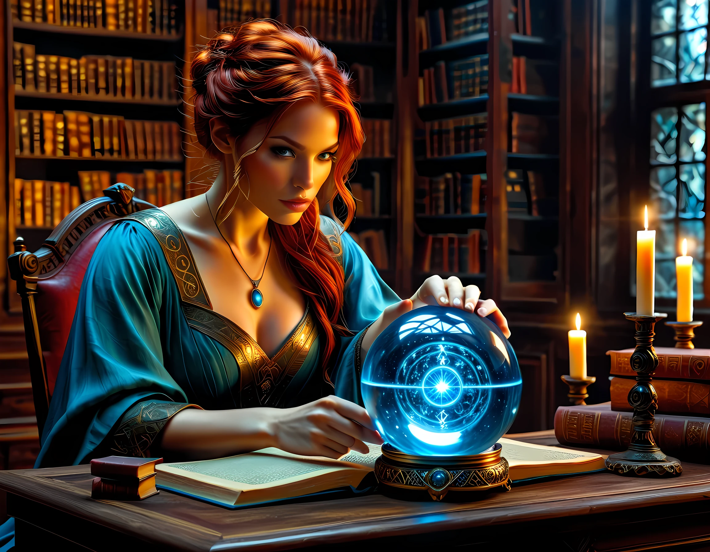 a picture of a human woman sorceress sittings in her magical lab, divining distant places in her crystal ball, epic beautiful human woman (best details, Masterpiece, best quality), ultra detailed face (best details, Masterpiece, best quality), red hair, short hair, red eyes, dynamic dress (best details, Masterpiece, best quality), magical library, with many books, and magical runes and wards, glowing arcane sigils GlowingRunes_paleblue, crystal ball (best details, Masterpiece, best quality) on table, runes on crystal balls GlowingRunes_yellow, fantasy magical library background fantasy art, RPG art, (best details, Masterpiece, best quality), Ultra-Wide Angle, high detail, award winning, best quality, HD, 16K, high details, best quality, highres, ultra wide angle, high details, best quality, Cinematic Shot
