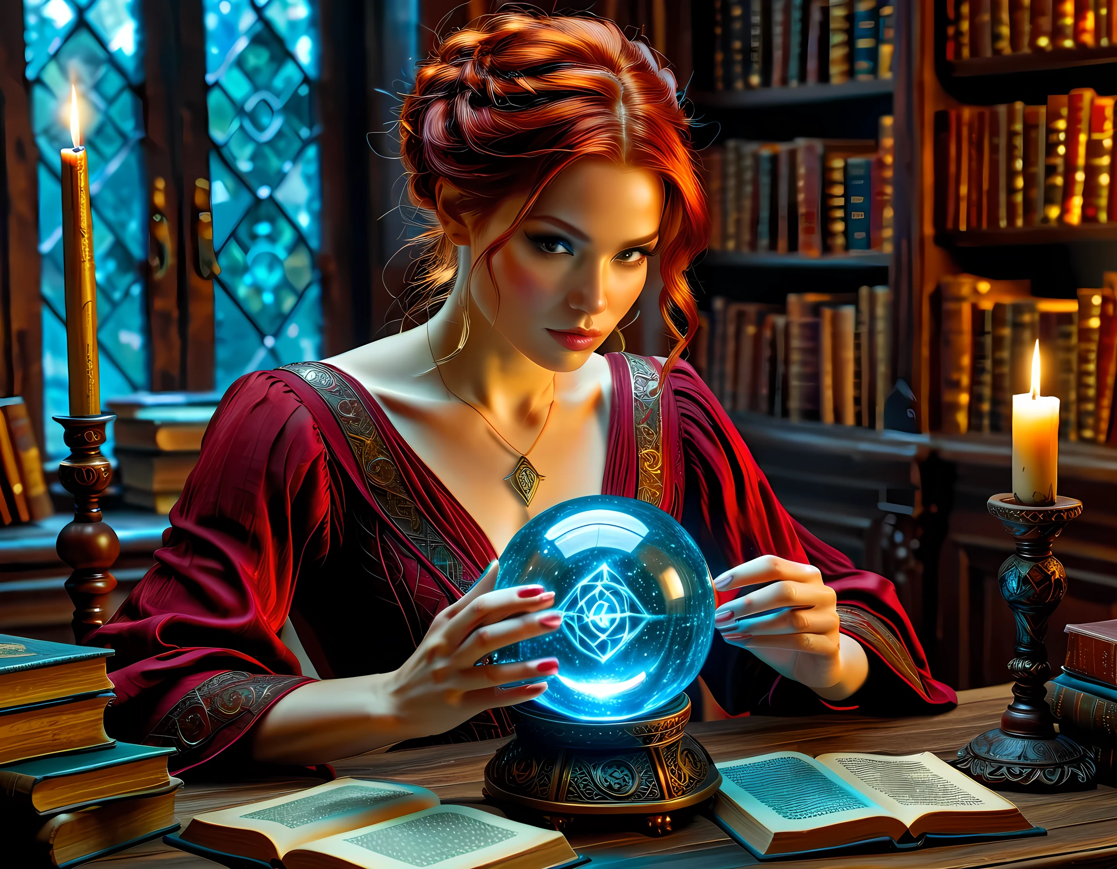 a picture of a human woman sorceress sittings in her magical lab, divining distant places in her crystal ball, epic beautiful human woman (best details, Masterpiece, best quality), ultra detailed face (best details, Masterpiece, best quality), red hair, short hair, red eyes, dynamic dress (best details, Masterpiece, best quality), magical library, with many books, and magical runes and wards, glowing arcane sigils GlowingRunes_paleblue, crystal ball (best details, Masterpiece, best quality) on table, runes on crystal balls GlowingRunes_yellow, fantasy magical library background fantasy art, RPG art, (best details, Masterpiece, best quality), Ultra-Wide Angle, high detail, award winning, best quality, HD, 16K, high details, best quality, highres, ultra wide angle, high details, best quality, Cinematic Shot