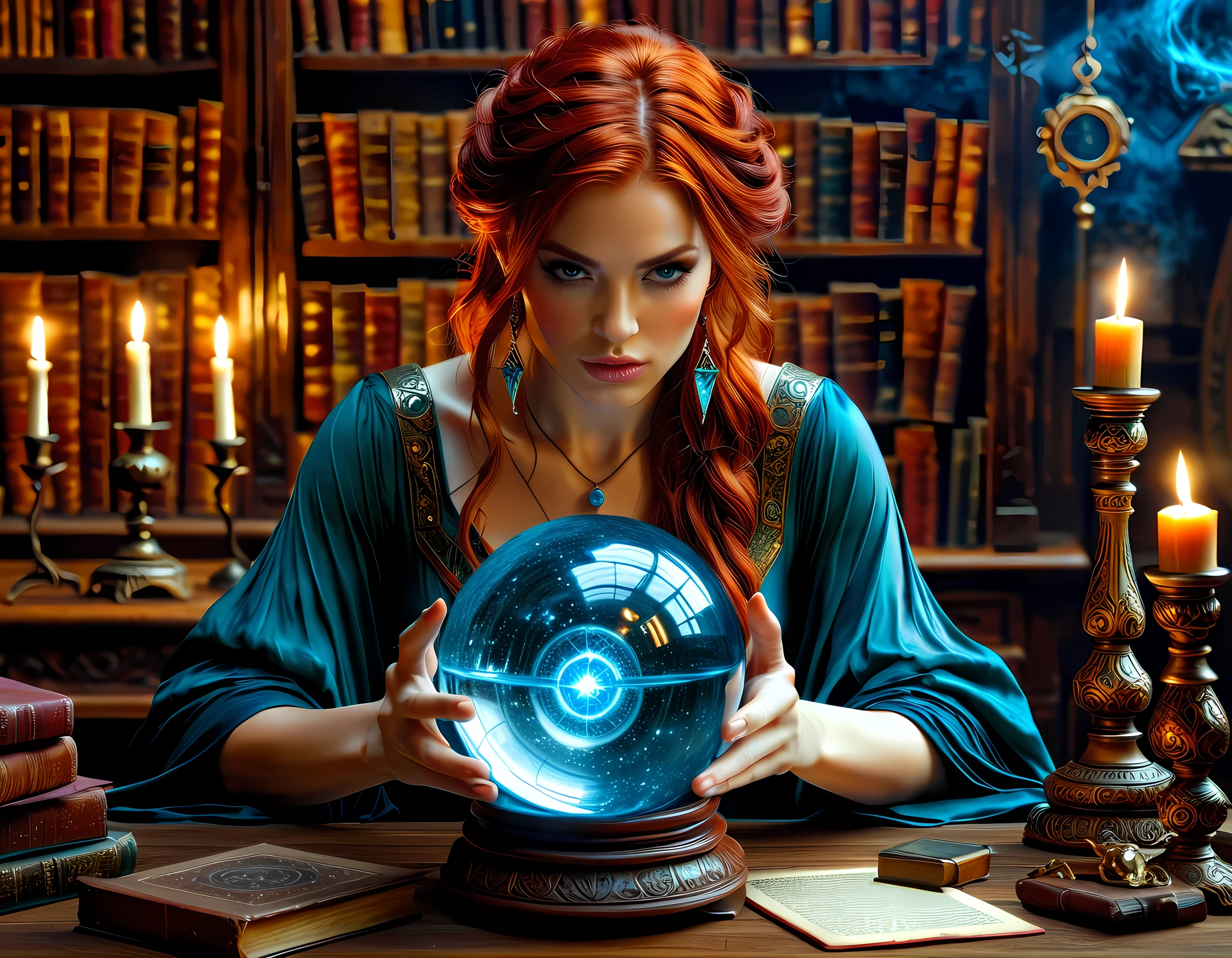 a picture of a human woman sorceress sittings in her magical lab, divining distant places in her crystal ball, epic beautiful human woman (best details, Masterpiece, best quality), ultra detailed face (best details, Masterpiece, best quality), red hair, short hair, red eyes, dynamic dress (best details, Masterpiece, best quality), magical library, with many books, and magical runes and wards, glowing arcane sigils GlowingRunes_paleblue, crystal ball (best details, Masterpiece, best quality) on table, runes on crystal balls GlowingRunes_yellow, fantasy magical library background fantasy art, RPG art, (best details, Masterpiece, best quality), Ultra-Wide Angle, high detail, award winning, best quality, HD, 16K, high details, best quality, highres, ultra wide angle, high details, best quality, Cinematic Shot