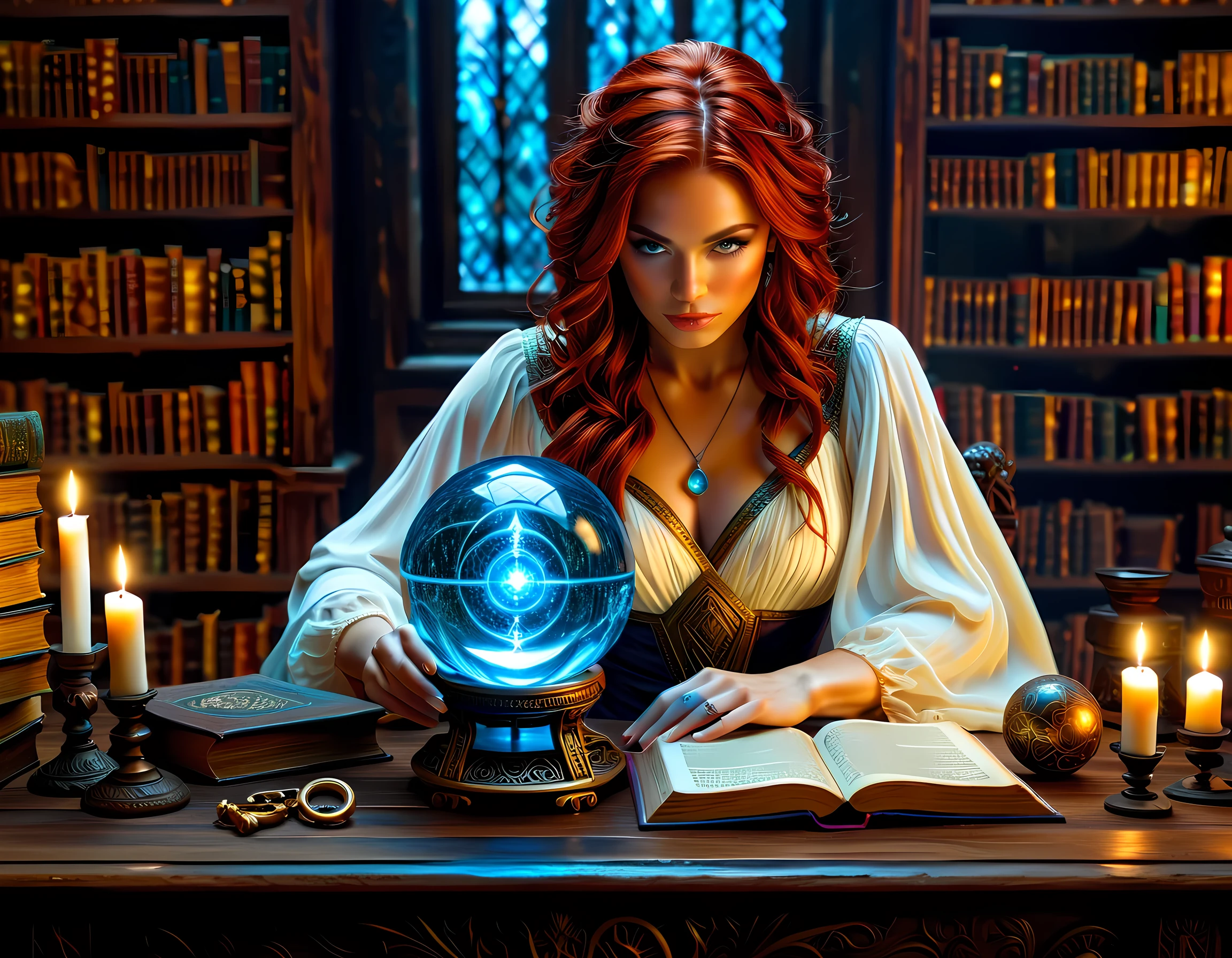  a picture of a human woman sorceress sittings in her magical lab, divining distant places in her crystal ball, epic beautiful human woman (best details, Masterpiece, best quality), ultra detailed face (best details, Masterpiece, best quality), red hair, short hair, red eyes, dynamic dress (best details, Masterpiece, best quality), magical library, with many books, and magical runes and wards, glowing arcane sigils GlowingRunes_paleblue, crystal ball (best details, Masterpiece, best quality) on table, runes on crystal balls GlowingRunes_yellow, fantasy magical library background   fantasy art, RPG art, (best details, Masterpiece, best quality), Ultra-Wide Angle, high detail, award winning, best quality, HD, 16K,  high details, best quality, highres, ultra wide angle, high details, best quality, Cinematic Shot