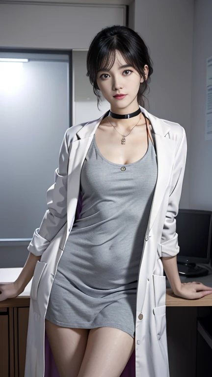 Beautiful woman、Different hairstyles、big breasts、((Women Scientist))、(PhD)、((Long lab coat))、(purple turtleneck sweater)、(black mini skirt)、(Research room、laboratory、graduate School)、glass tube、flask、((delicate pictures)),(Detailed RAW photos of girls), (muste piece:1.25), (best quality:1.6), (ultra high resolution:1.5), (It's photorealistic:1.75), 8K resolution,:1.6), Canon EOS R5, 50mm, disorganized, Super detailed,cinematic lighting、((skirt lift))、sexy panties