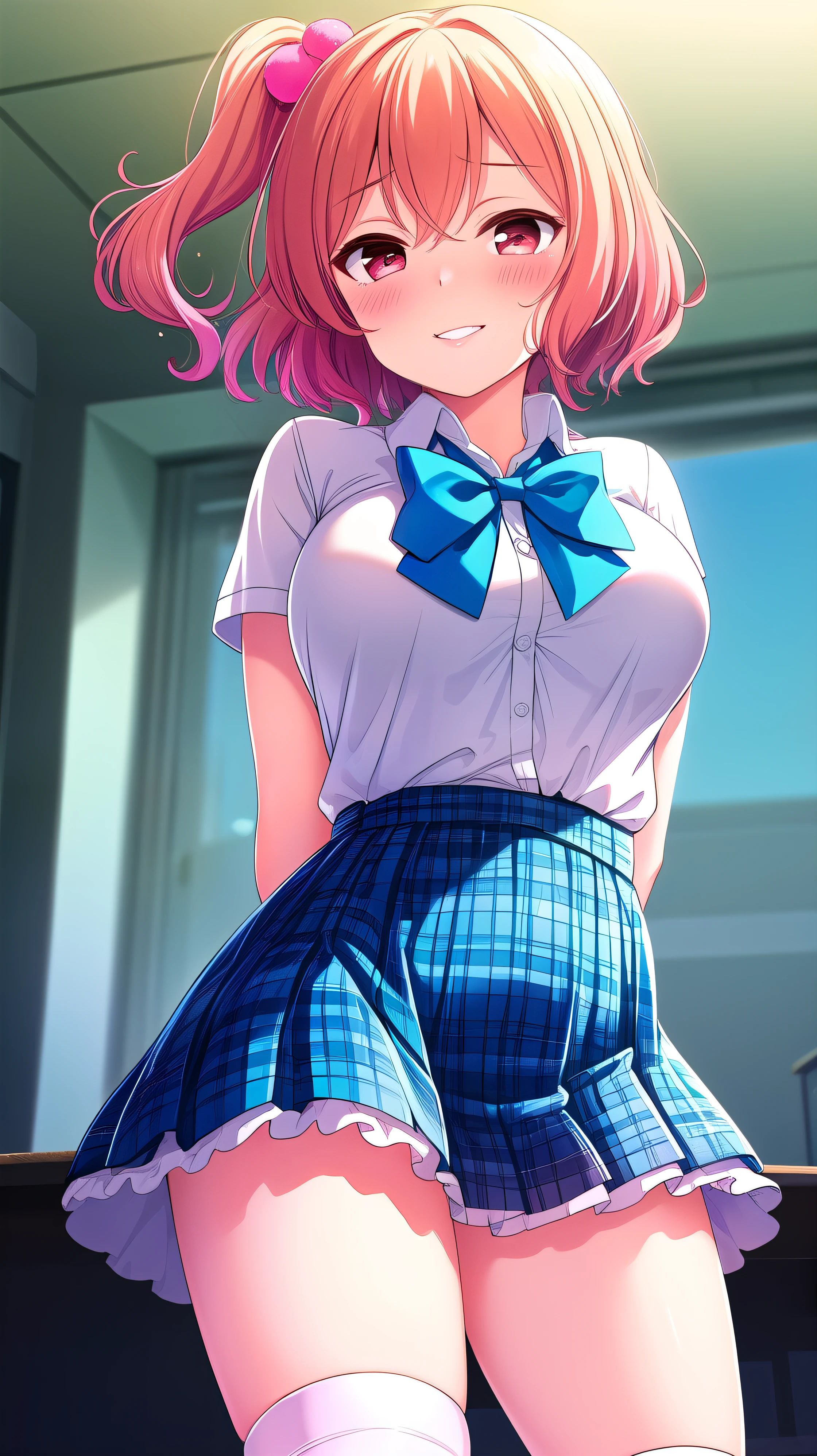 ( masterpiece, top quality), Highly Detailed Background, perfect lighting, top quality, (angle from below:1.3), (Focus on thighs:1.2), (arms behind back:1.6), Tomura Michiru, Alone, indoors, School Classroom, Orange Hair, One side up, pink hair bobble, hair between their eyes, short hair, Red Eyes, medium boobs, (Blue Bowtie:1.3), white shirt:1.1, Short sleeve, blue skirt, plaid skirt, white thin thighs,、(white knee socks:1.2), Glossy, school uniform, grinning、(blush:1.3), pink lips,