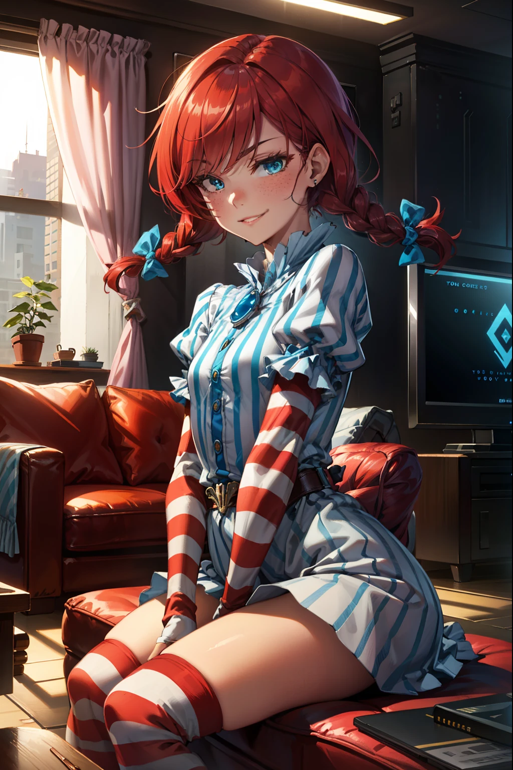 (extremely detailed CG unity 4k wallpaper),(best illustration),(best shadow),(absurdres), Living room background)zzwendy, red hair, blue eyes, brooch, hair bow, sidelocks, striped, petite figure, Small bust size, side profile, Looking at viewer, POV, Sitting on viewer's lap, Happy, Smug,
