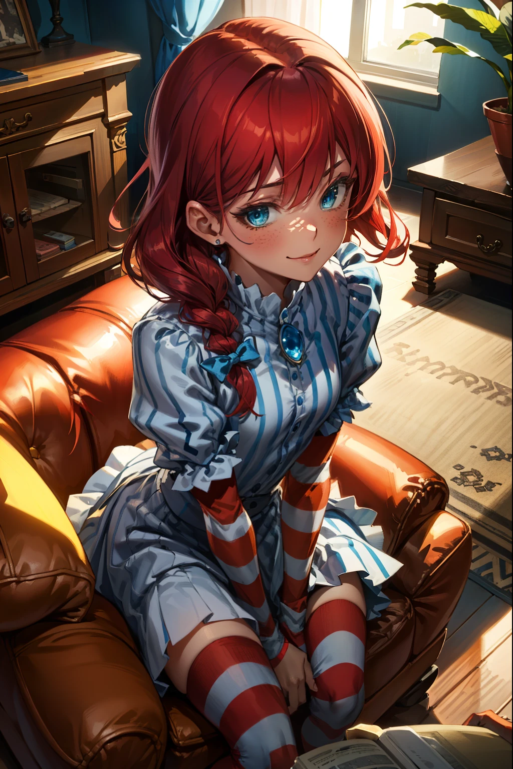 (extremely detailed CG unity 4k wallpaper),(best illustration),(best shadow),(absurdres), Living room background)zzwendy, red hair, blue eyes, brooch, hair bow, sidelocks, striped, petite figure, Small bust size, side profile, Looking at viewer, POV, Sitting on viewer's lap, Happy, Smug,