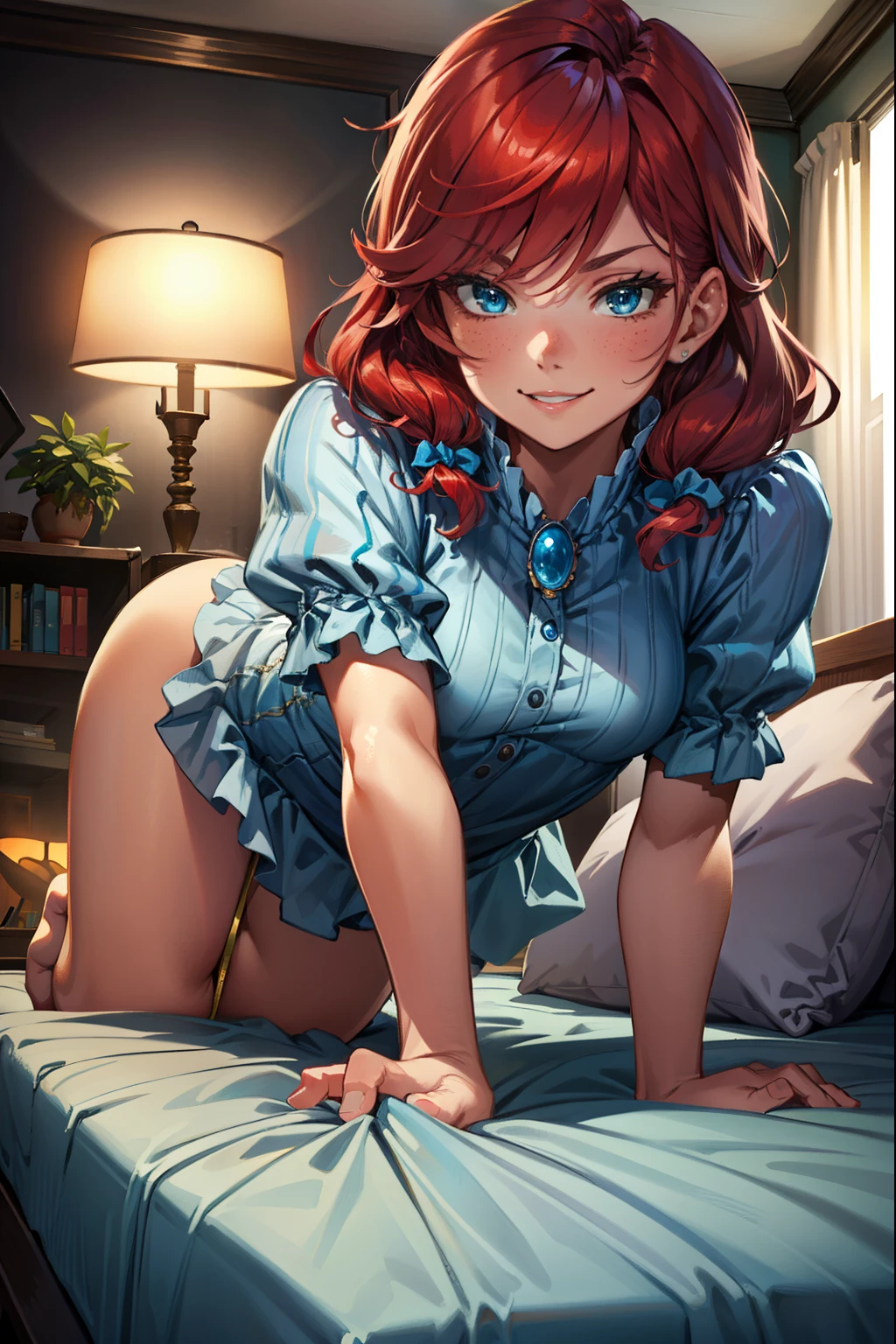 (extremely detailed CG unity 4k wallpaper),(best illustration),(best shadow),(absurdres), Living room background)zzwendy, red hair, blue eyes, brooch, hair bow, sidelocks, petite figure, Small bust size, Looking at viewer, Smug, Happy, Flirty, Bedroom eyes, Lying on the bed,