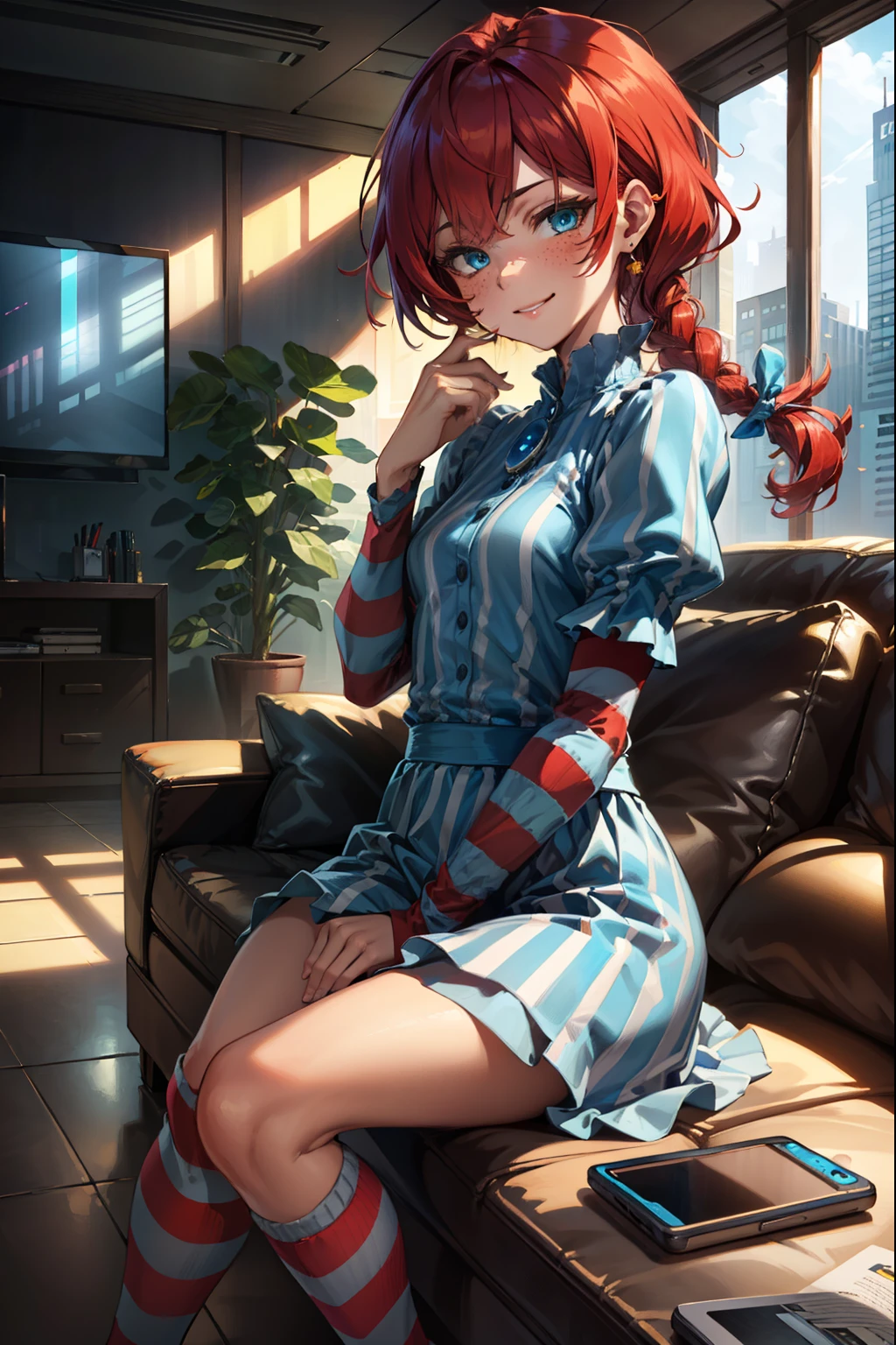 (extremely detailed CG unity 4k wallpaper),(best illustration),(best shadow),(absurdres), Living room background)zzwendy, red hair, blue eyes, brooch, hair bow, sidelocks, striped, petite figure, Small bust size, side profile, Looking at viewer, POV, Sitting on viewer's lap, Happy, Smug,
