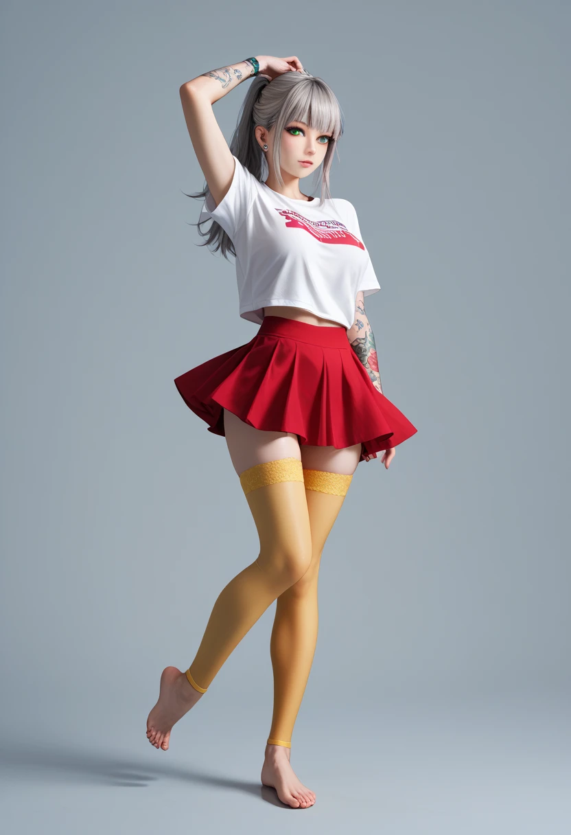 Japanese man in a T-Shirt and Shorts Set: Dress Undercut hair style, blond hairs hairs red dress, gaming , smiling face, short dress full straight standing pose, 14yo student, , Full body, modern boy , games boy, Simple white background,,, design sheet, HD, full body, standing, modern futuristic dress, front view