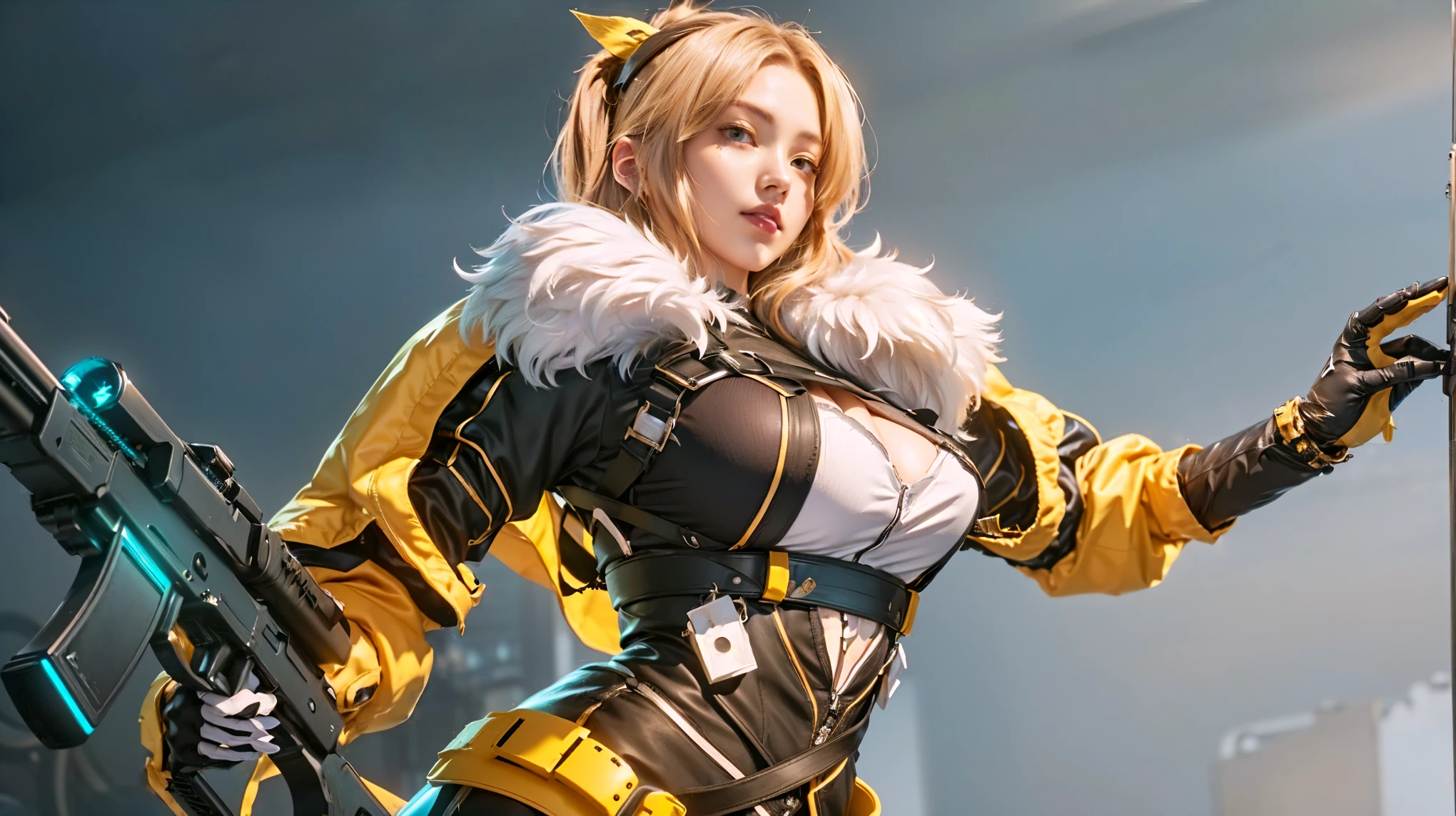 The alone young girl , short light blond hair , red eyes , standing , shotgun , sci-fi city , High detail mature face, combat suit, white glove, black boot, Standing, High detail mature face, combat suit, high res, ultra sharp, She stands confidently in the center of the poster, Shooting pose，explosion effect, a determined expression on her face。The background is dark and gritty，There is a sense of danger and a strong feeling。The text is bold and eye-catching，With catchy slogans，Adds to the overall drama and excitement。The color palette is dominated by dark colors，Dotted with bright colors，Make the poster dynamic and visually striking，(Magazines:1.3), (Cover-style:1.3), Fashion, vibrant, Outfit, posing on a, Front, rich colorful，Background with，element in，self-assured，Expressing the，halter，statement，Attachment，A majestic，coil，Runt，Touching pubic area，Scenes，text，Cover of a，boldness，attention-grabbing，titles，Fashion，typeface，，Best quality at best，Hyper-detailing，8K ，hyper HD