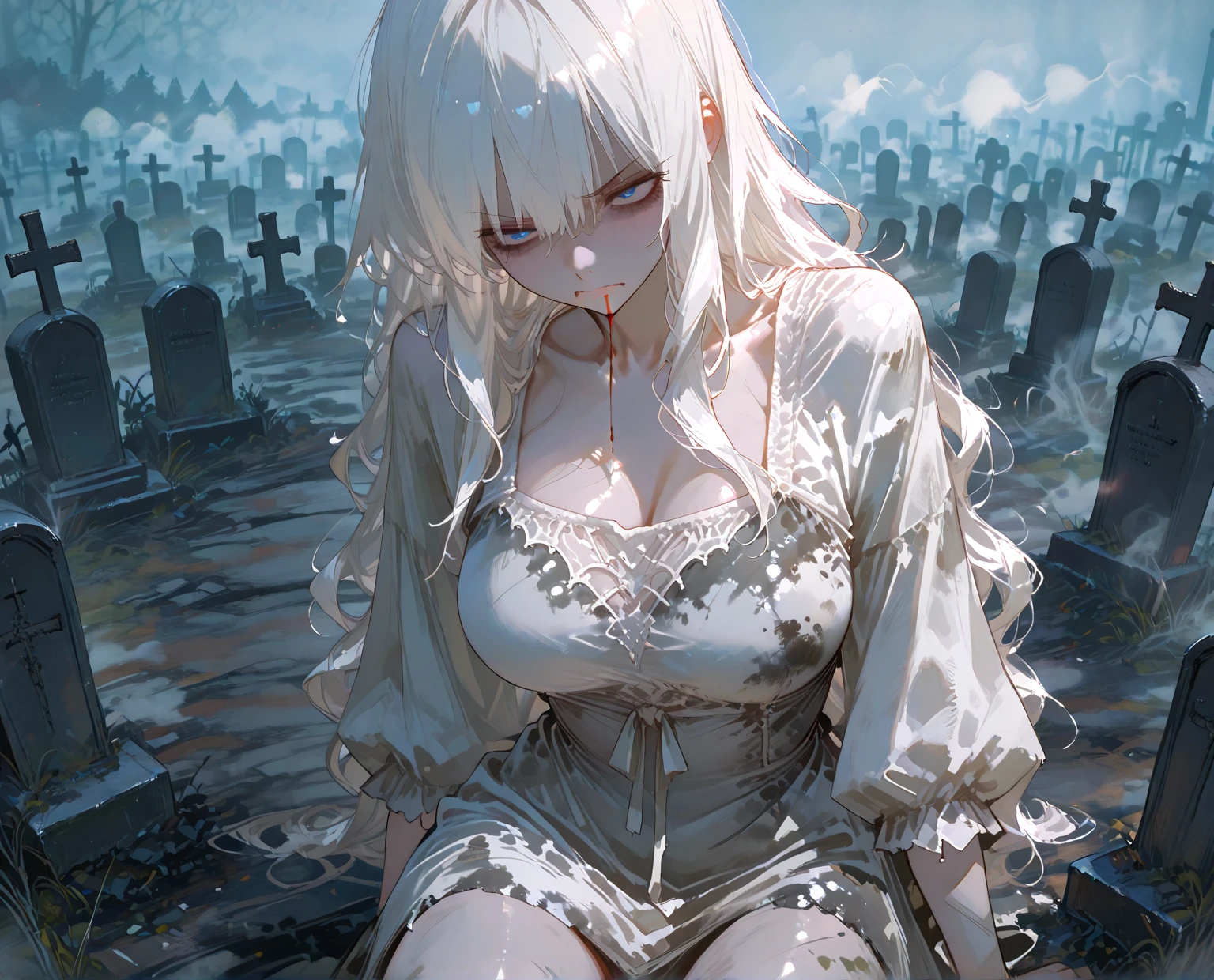 Masterpiece, 1girl,solo,huge breasts, ghost costume , (hitodama) ,night, tombstone, graveyard, long sleeves, very long sleeves, , ghost, pale skin,, off shoulder, cleavage, no bra, (((extremely long white hair))), kneeling on ground by tombstone, bare legs, shredded tattered clothes, curvy wide hips, massive breasts, chubby thighs, (((beautiful bright pink anime eyes))), japanese graveyard, from above, full lips, beautiful mature face, MILF dark lighting, ((CRYING))