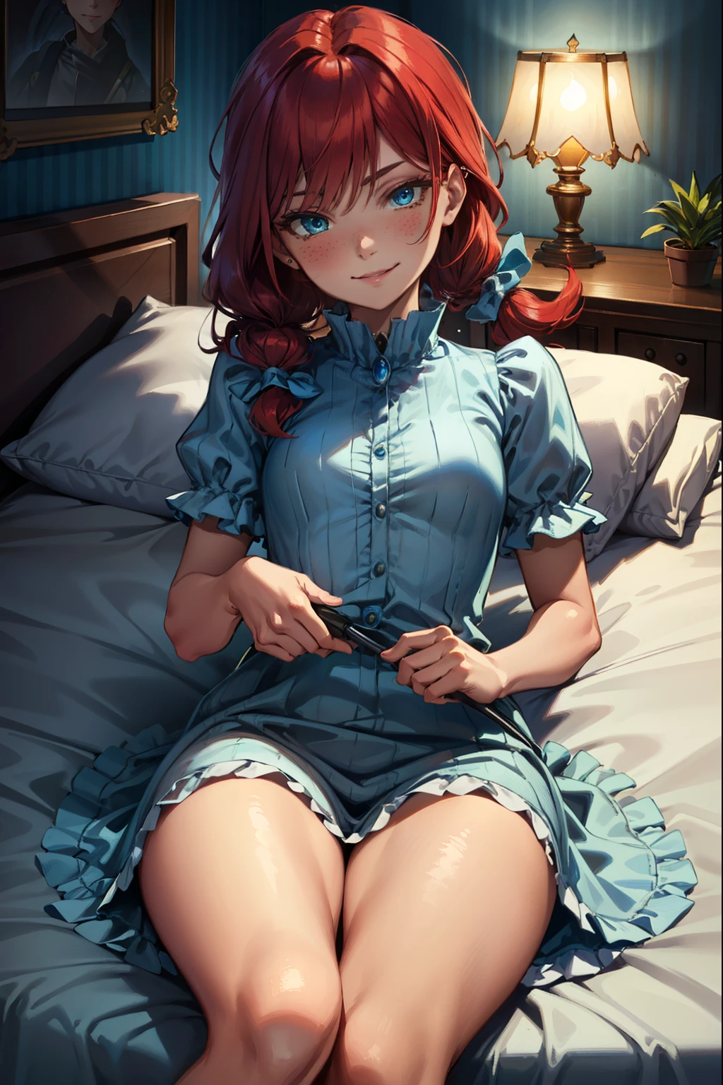 (extremely detailed CG unity 4k wallpaper),(best illustration),(best shadow),(absurdres), bedroom background)zzwendy, red hair, blue eyes, brooch, hair bow, sidelocks, petite figure, Small bust size, Looking at viewer, Smug, Happy, Flirty, Bedroom eyes, Lying on the bed, transparent nightgown,