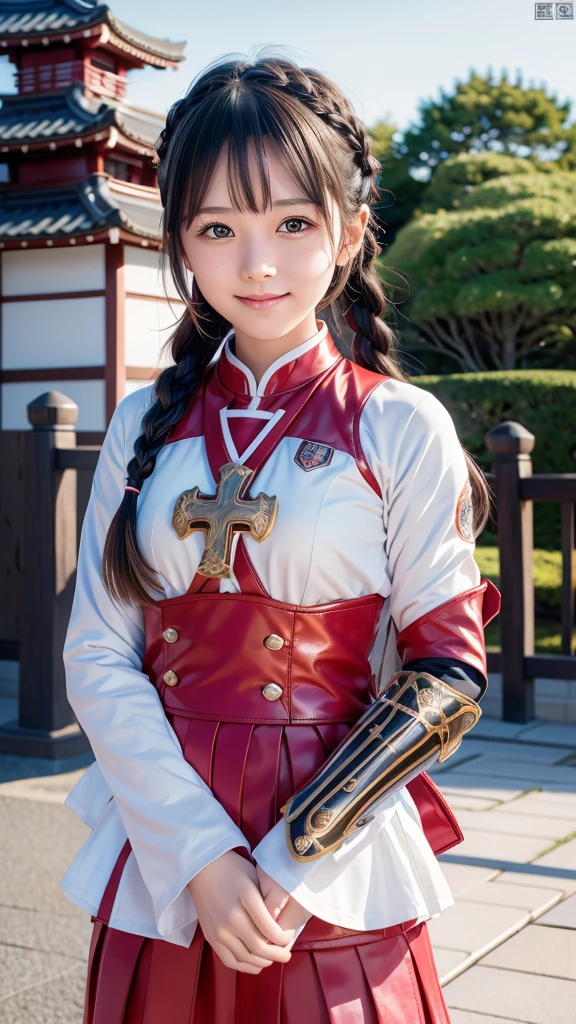 8K、Highest quality、1 Girl、(16 years old)、Flat Body、cute、 View your viewers, blush, bangs, gloves, Upper Body, Braiding, hair band, Outdoor, Lips parted, null, Day, , Pink Eyes, ((Wearing red armor)), wood, , Blurred Background, , side Braiding, whole body