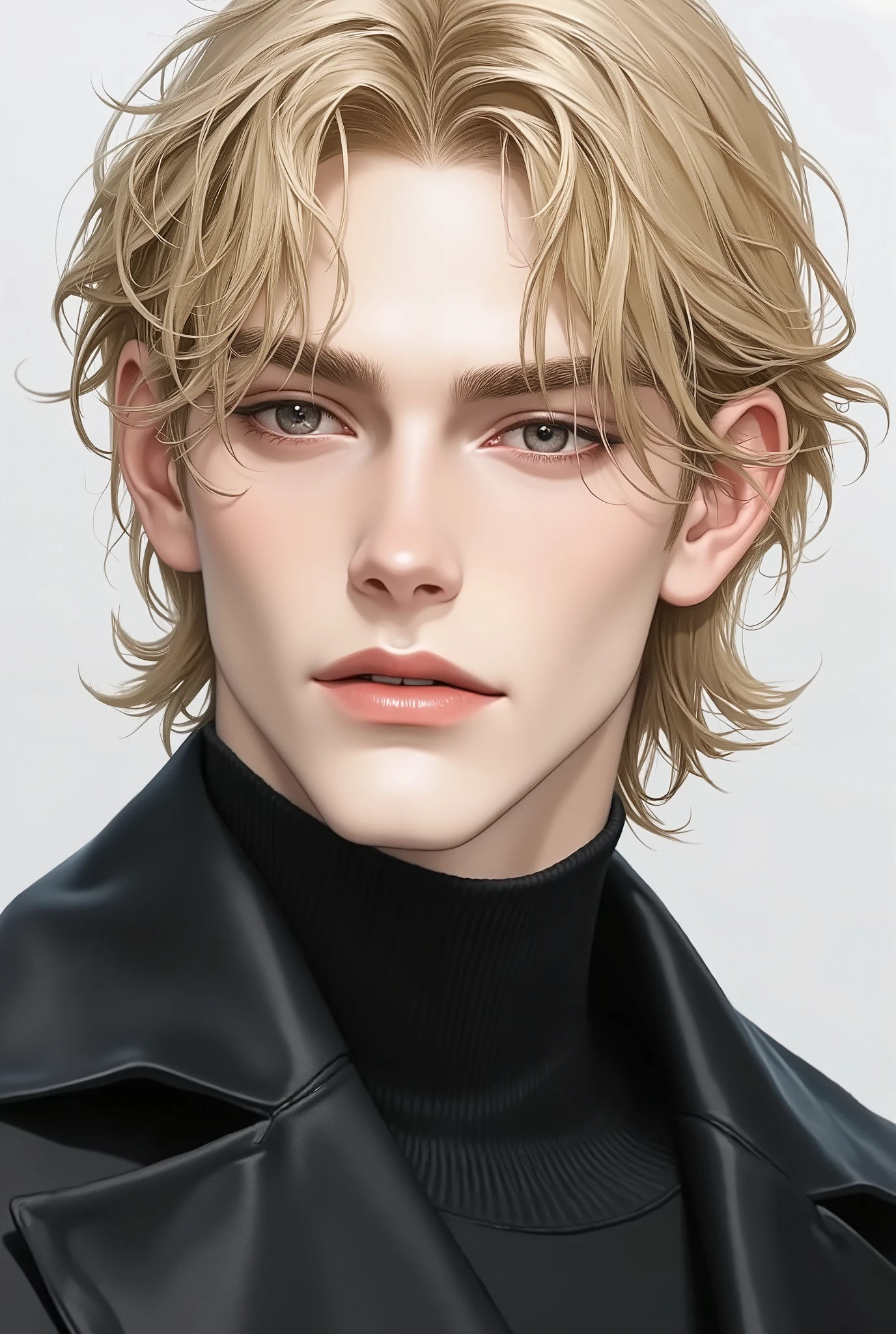 Boy, medium-length blonde hair, dark blue eyes, serious sharp features, pale white skin, light pink lips, handsome, perfect, elegant, charming appearance, wearing a pullover, coat, high quality resolution, clear bright colors.