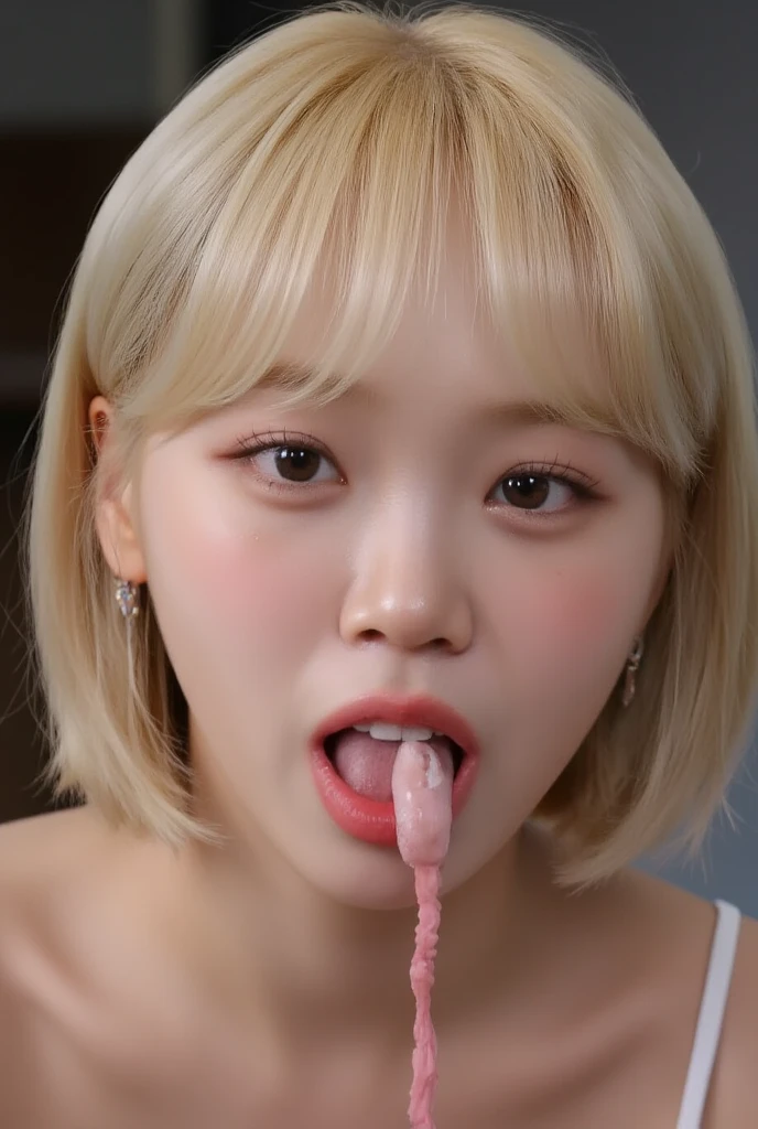 fellatio、1chubbyuncle、penis、kneeling、cum in mouth、(Blonde woman)