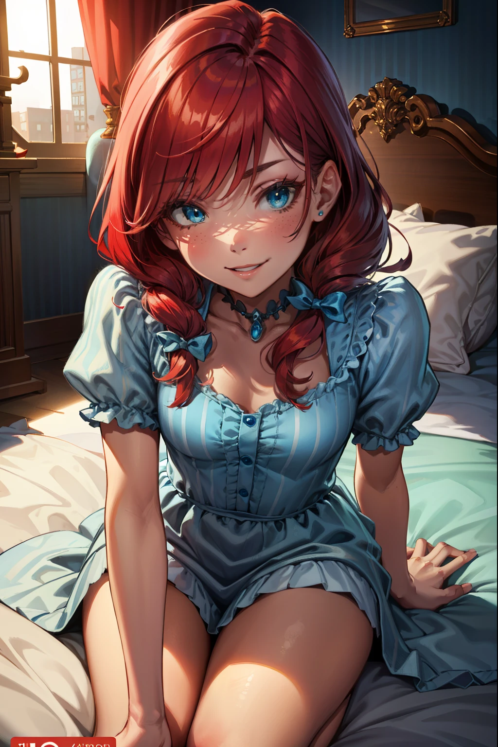 (extremely detailed CG unity 4k wallpaper),(best illustration),(best shadow),(absurdres), bedroom background)zzwendy, red hair, blue eyes, hair bow, sidelocks, petite figure, Small bust size, Looking at viewer, Smug, Happy, Flirty, Bedroom eyes, Lying on the bed, transparent nightgown,