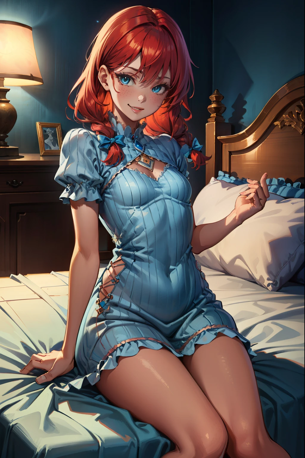 (extremely detailed CG unity 4k wallpaper),(best illustration),(best shadow),(absurdres), bedroom background)zzwendy, red hair, blue eyes, hair bow, sidelocks, petite figure, Small bust size, Looking at viewer, Smug, Happy, Flirty, Bedroom eyes, Lying on the bed, transparent nightgown,