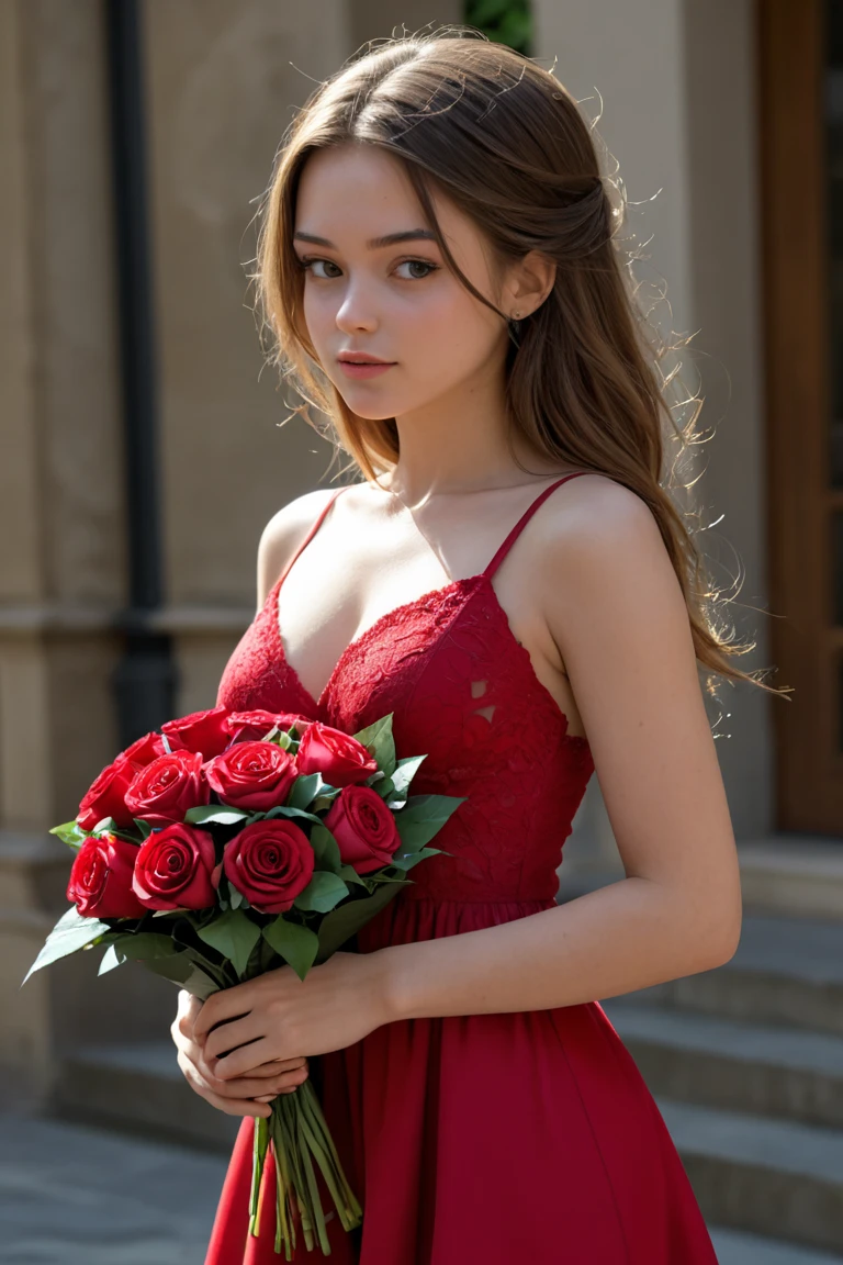 Face focus,（(look at viewer)）,bright sunlight,（(pure white wall background)）,Photo taken from the front:1.4,（(cowboy shoot)）,1 woman((20 years old)), hair((Long wavy hair, Gradient brown hair)), blue eyes, Take a break((Elegant embroidery,Long red silk dress)), decorations ,Take a break（(photography stick:1.37)）,light and shadow,（(Has a slender appearance,perfect ???????)）,（(white gloves)), smile, （Huge tits,  Breast cleavage）,（(holding a bouquet)), happy face