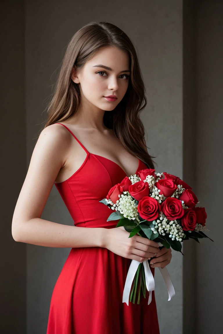 Brown hair young girl holding red roses in front of a florist shop in sexy red dress