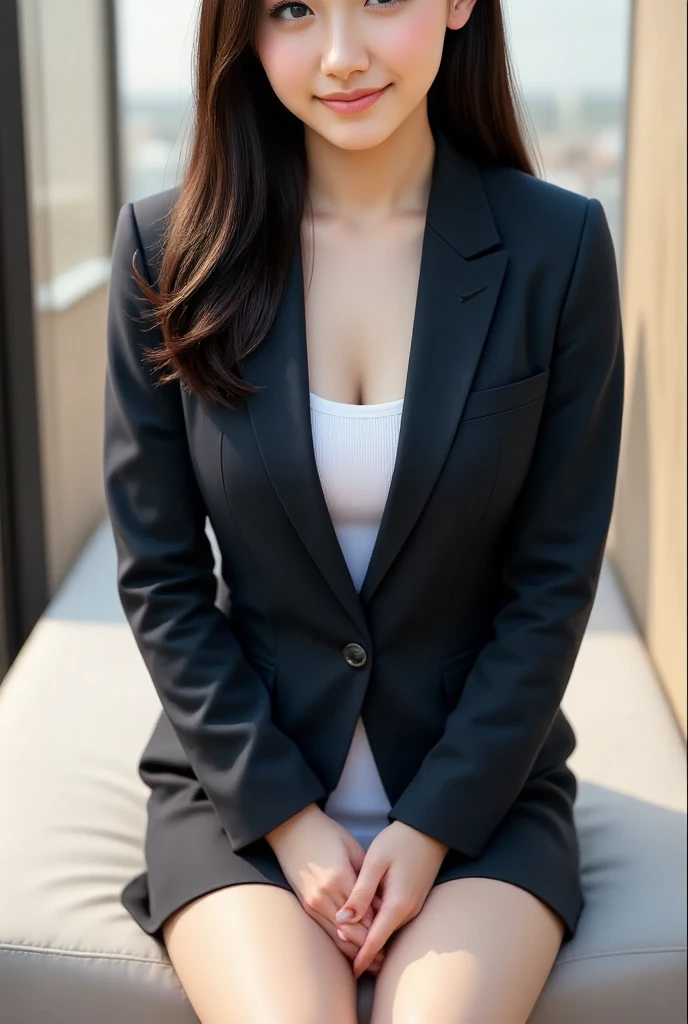 An arafe woman sitting on a bench wearing a suit and black top, Tadashi Nakayama's photo, Doesn't bounce, shin hanga, 厳格なwearing a business suit, wearing a business suit, wearing a strict suit, Jacket with plenty of cleavage, wearing a business suit, in a strict suit, girl in a suit, wearing a jacket and skirt, girl in a suit, Business service