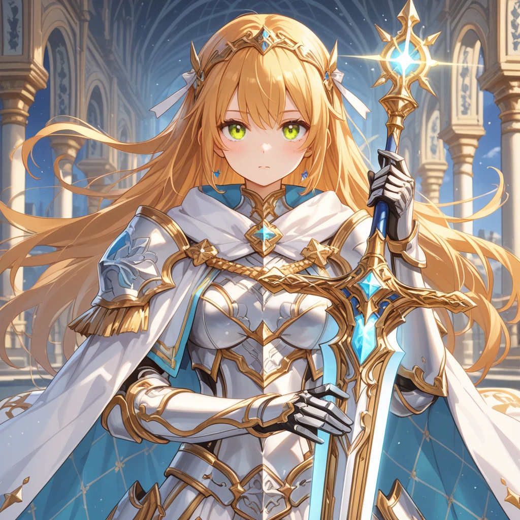 A girl Wearing shining armor, Big breasts, Partially Expose Breasts, very beautiful, she is smirking, adorned with symbols of faith and righteousness. Their demeanor is resolute and determined, A cape billows behind her, caught in a heroic pose, In one hand, she hold a gleaming sword, Behind her, a majestic castle, in the style of cyberpunk, white and light Golden, Her eyes appear heavy-lidded, with a droopy and half-closed expression, as if she's on the verge of drifting off to sleep. However, there's a subtle glint of intensity and danger lurking within them. Despite the sleepy appearance, her gaze is sharp and focused, hinting at a hidden strength or capability. Dark circles under her eyes suggest fatigue or weariness, but they only add to the mysterious allure of her demeanor. She may have a relaxed posture, yet there's an underlying tension in her stance, ready to spring into action at a moment's notice. In the background, detailed gorgeous face| anime style| key visual| intricate detail| highly detailed| breathtaking| vibrant| panoramic| cinematic| Carne Griffiths| Conrad Roset| gibbli 8k