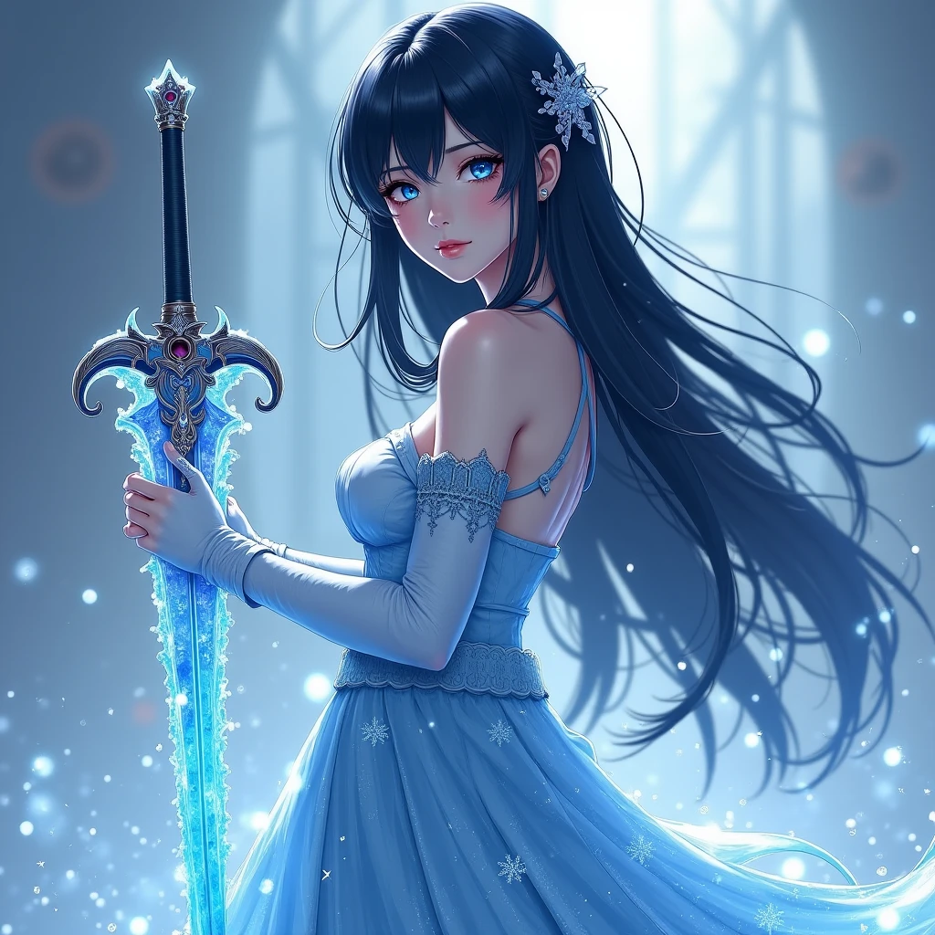 Create an anime version character with black hair blue eyes with star popilla with an ice sword white clothes with blue with a mask and snow powers