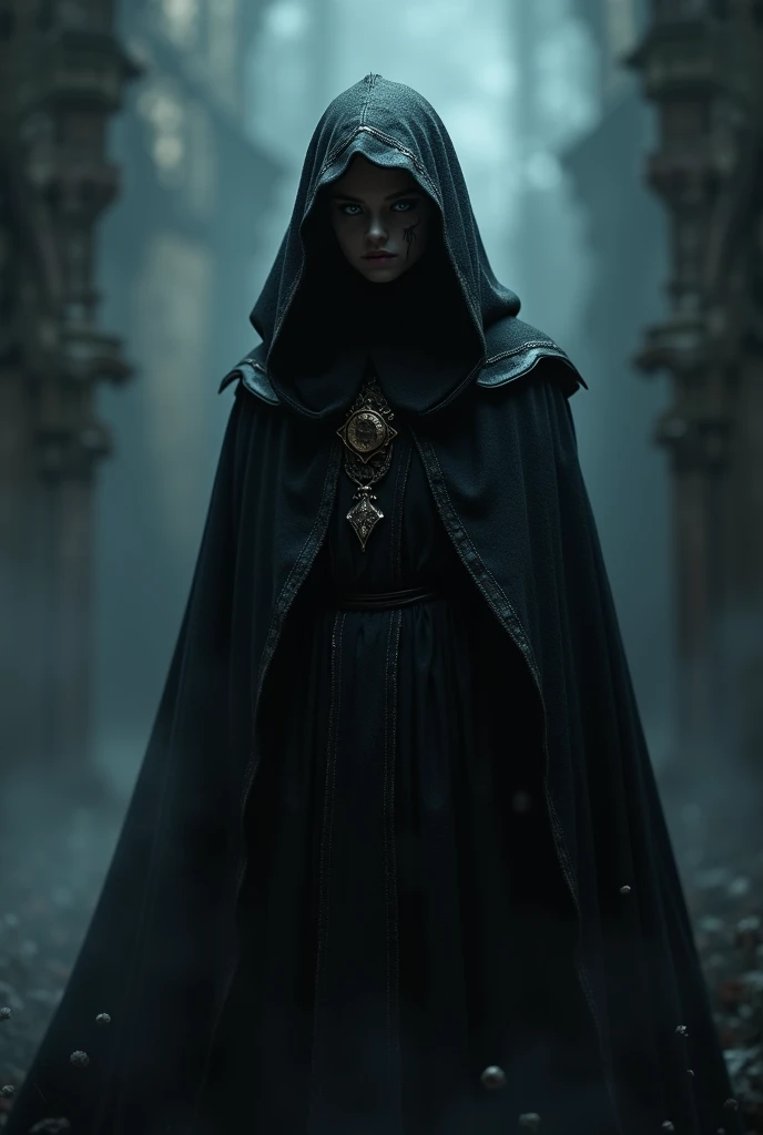 ((Best Quality)) Hooded figure gazing at the architecture of an advanced extraterrestrial civilization with a dark color palette.