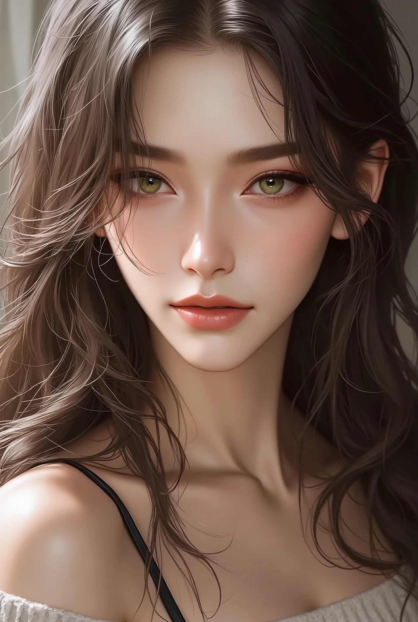 Girl, long brown hair, dark green eyes, sharp features, light white skin, shiny, beautiful, perfect light pink lips, elegant, beautiful appearance, wearing a pullover sweater, bra dress, high quality resolution, clear bright colors.