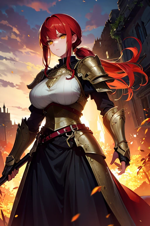 1girl, armor, red_hair, weapon, long_hair, golden_helmet, solo, sword, huge_shield, breasts, bird, shoulder_armor, golden_bikini_armor, glowing, yellow_eyes, cleavage, boots