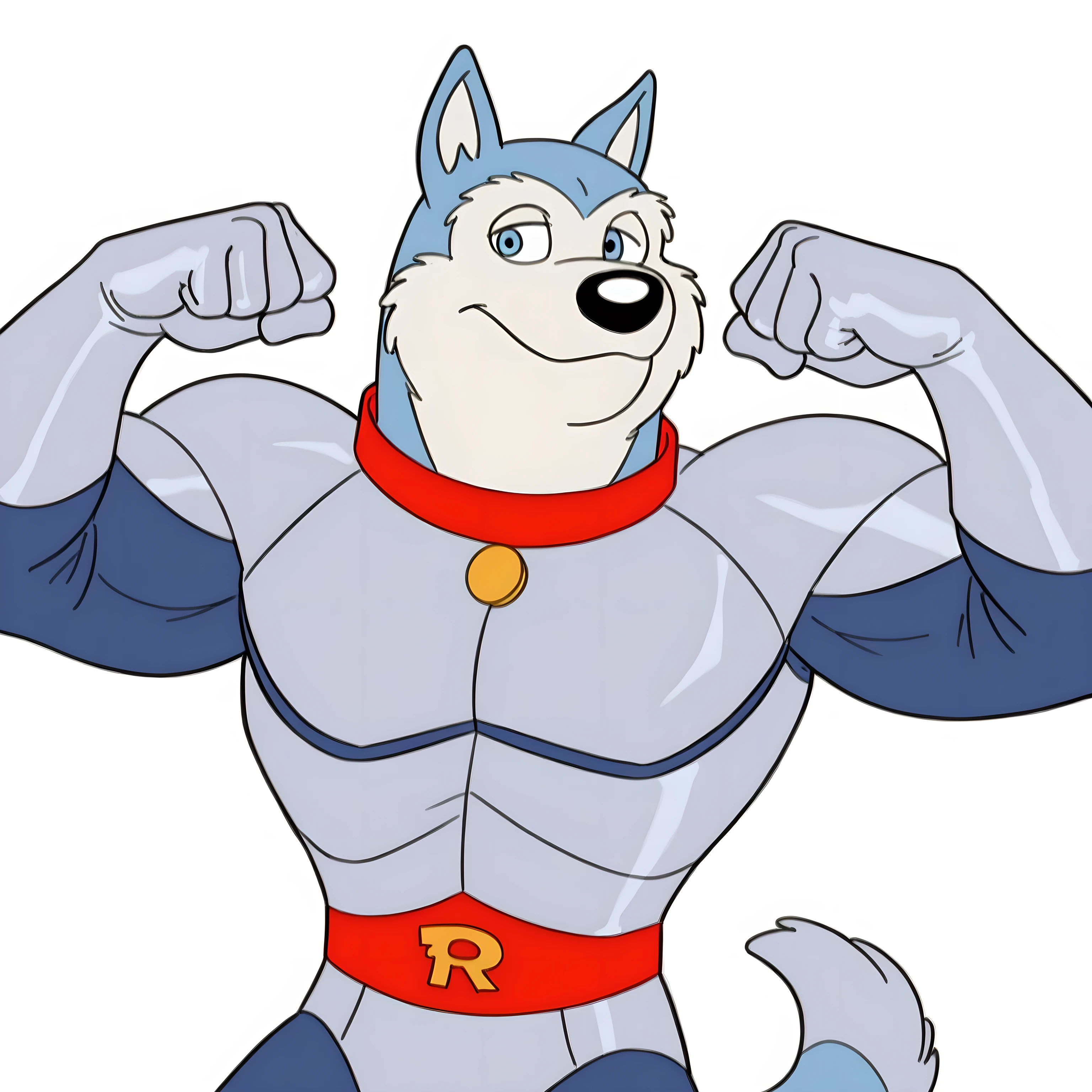 Exile (Road Rovers), blue fur, white fur, anthro dog, solo, male, red collar, blue eyes, silver uniform, silver gloves, red waist, "R" on waist, white background, no background, standing, looking at viewer, half body, high quality, best resolution, flat color, (flexing), cocky face, muscular