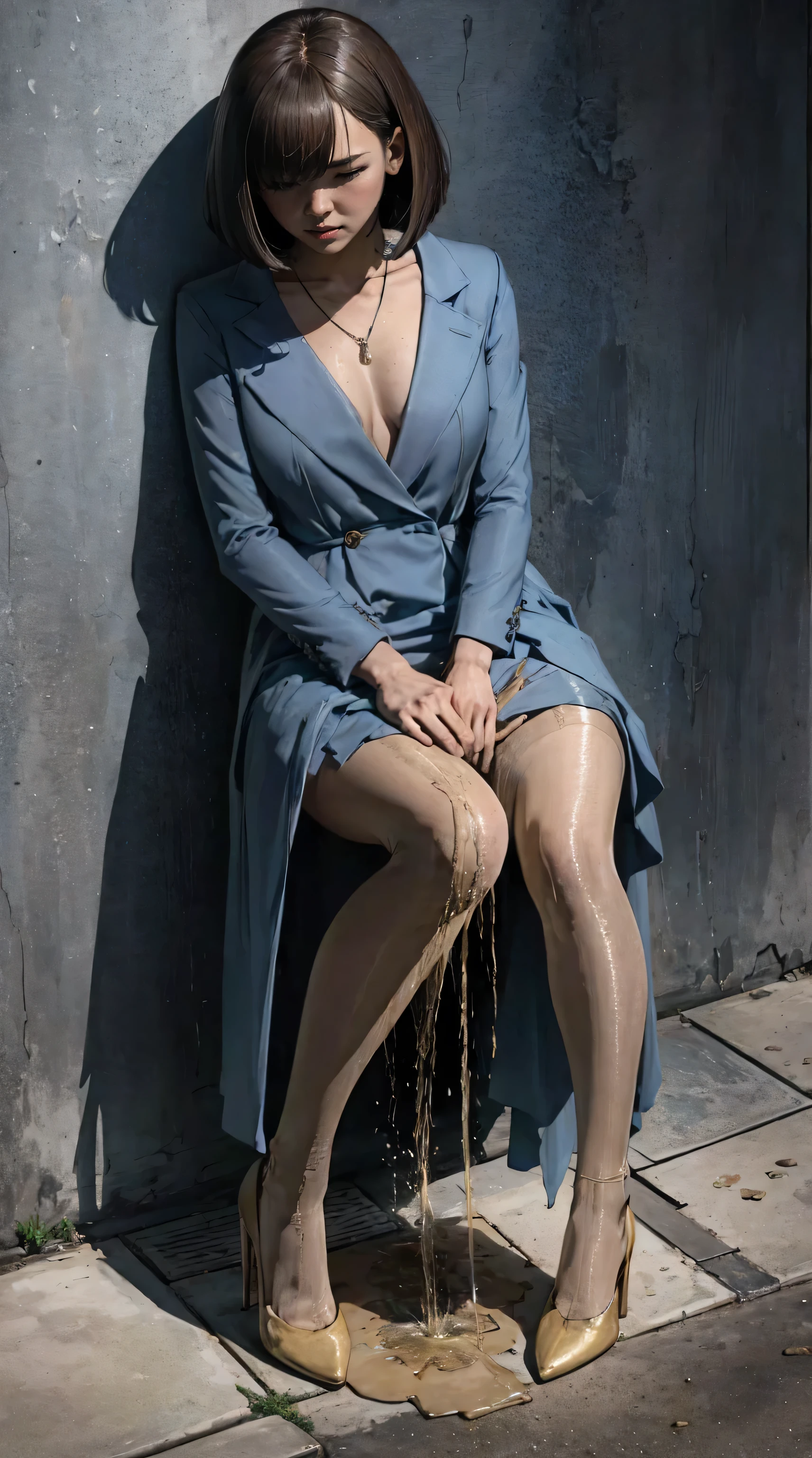 (urination:1.4),(is embarrassing:1.2) tall adult women ,excellent style,high school girl,miniskirt,  sexy pin heels , high heels, pantyhose, bob cut the blue cloth,sweaty, pee on their own, Wetting clothes,  The desperation to pee myself ,  urination imminent pose ,  her body can't hold urine 、peed out of desperation in the middle of the city,Pee desperate face ,  big puddle of pee 