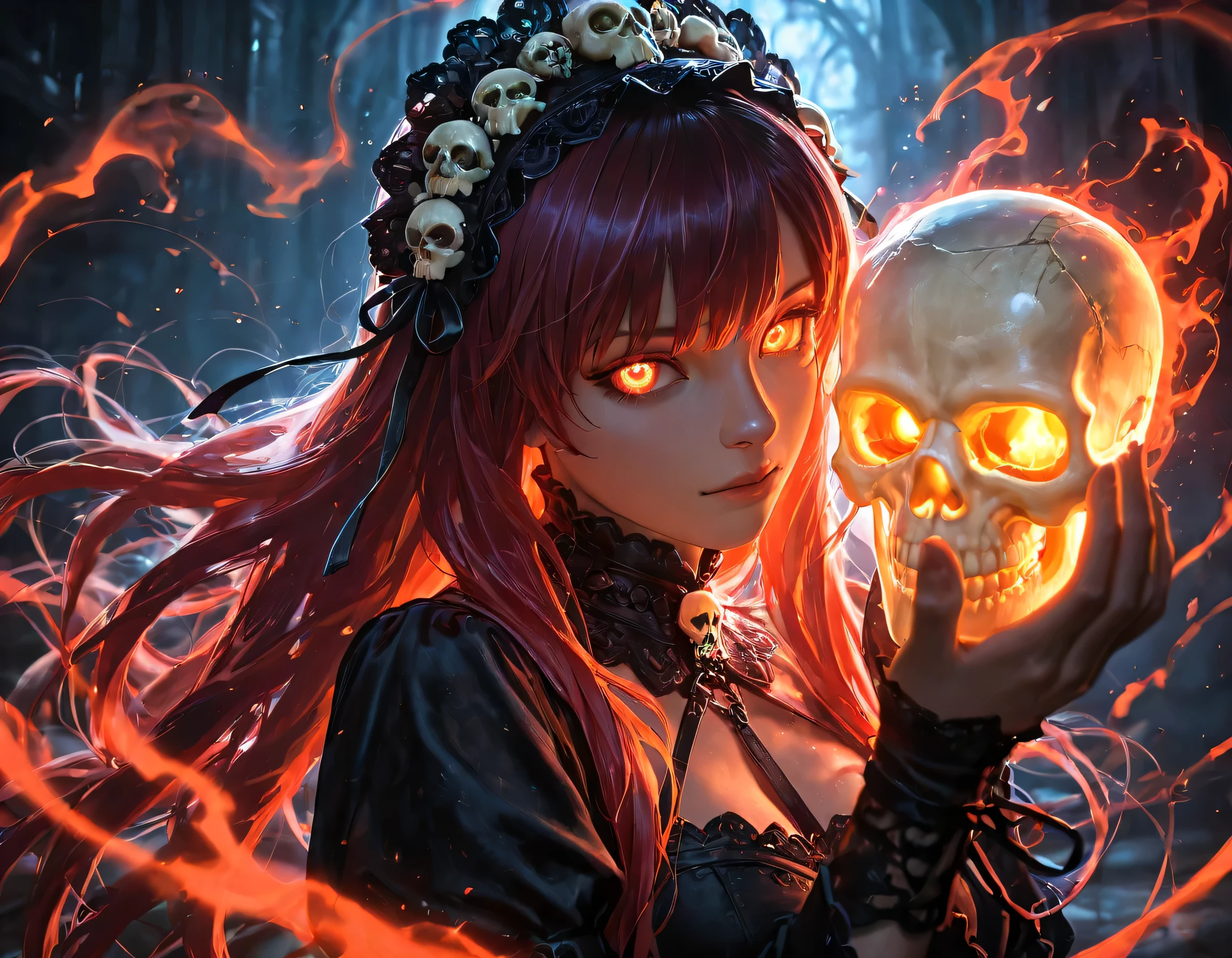 Best Quality, masterpiece, 8k wallpaper, 1girl, ghost, Skull, ethereal female figure, glowing ghostly visage, macabre expression, long flowing hair, ornate skull headdress, wispy ethereal tendrils, dark moody atmosphere, dramatic dramatic chiaroscuro lighting, intricate gothic fantasy, digital painting, photorealistic, cinematic, hyper detailed, HDR, UHD, extreme detail, vivid colors, seamless, looking at viewer,
