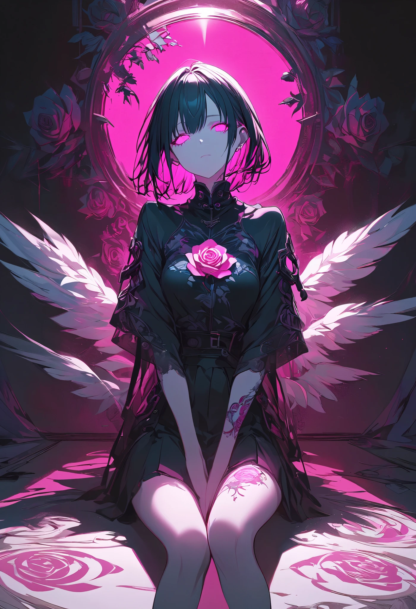 Create a dynamic, high-contrast anime image featuring a girl seated in a shadowy room, her body covered in glowing neon pink rose tattoos. The light from the tattoos should create beautiful, intricate patterns on the surrounding surfaces, while highlighting her calm and introspective expression. --ar 3:4 --style raw --stylize 800 --niji 6
