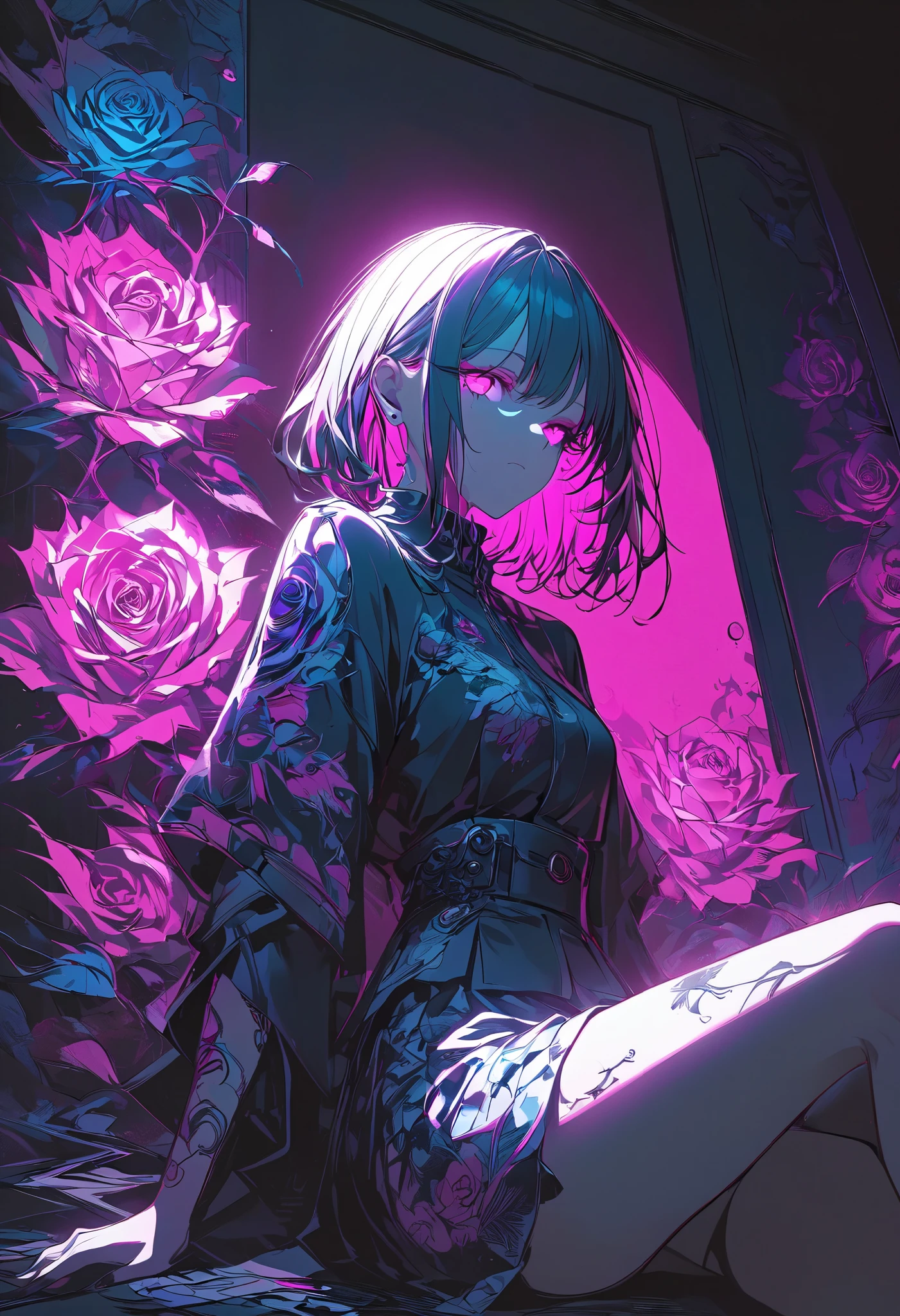 Create a dynamic, high-contrast anime image featuring a girl seated in a shadowy room, her body covered in glowing neon pink rose tattoos. The light from the tattoos should create beautiful, intricate patterns on the surrounding surfaces, while highlighting her calm and introspective expression. --ar 3:4 --style raw --stylize 800 --niji 6