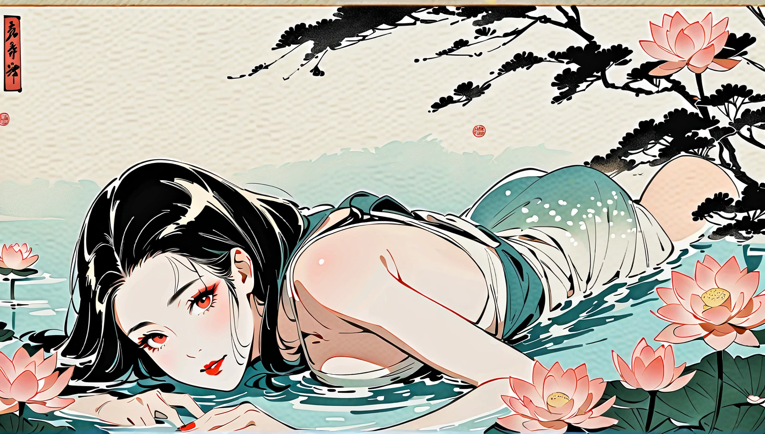 Masterpiece、Accurate drawing、Detailed drawing、8K、In the deep waters of coral reefs、There is a mermaid who looks like a beautiful woman、Body color is like emerald.、The structure is a half-mermaid、The lower half of the body is like a fish、She looked at me from above、I looked at her from below、I hold a pearl in my hands 。wearing Japanese kimono、beatiful backgrounds、