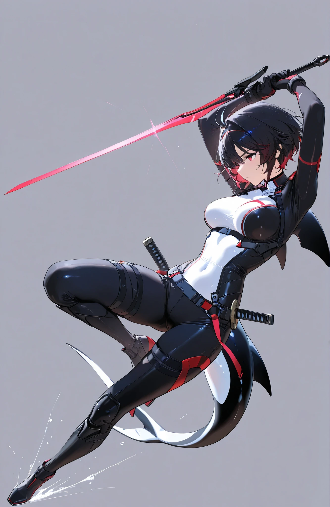 solo girl,Glossy metalic light silver tank top, tight latex shiny, Red interpolation color,Black hair bob,red eyes, camel toe, Samurai Sword,
Lift one leg,