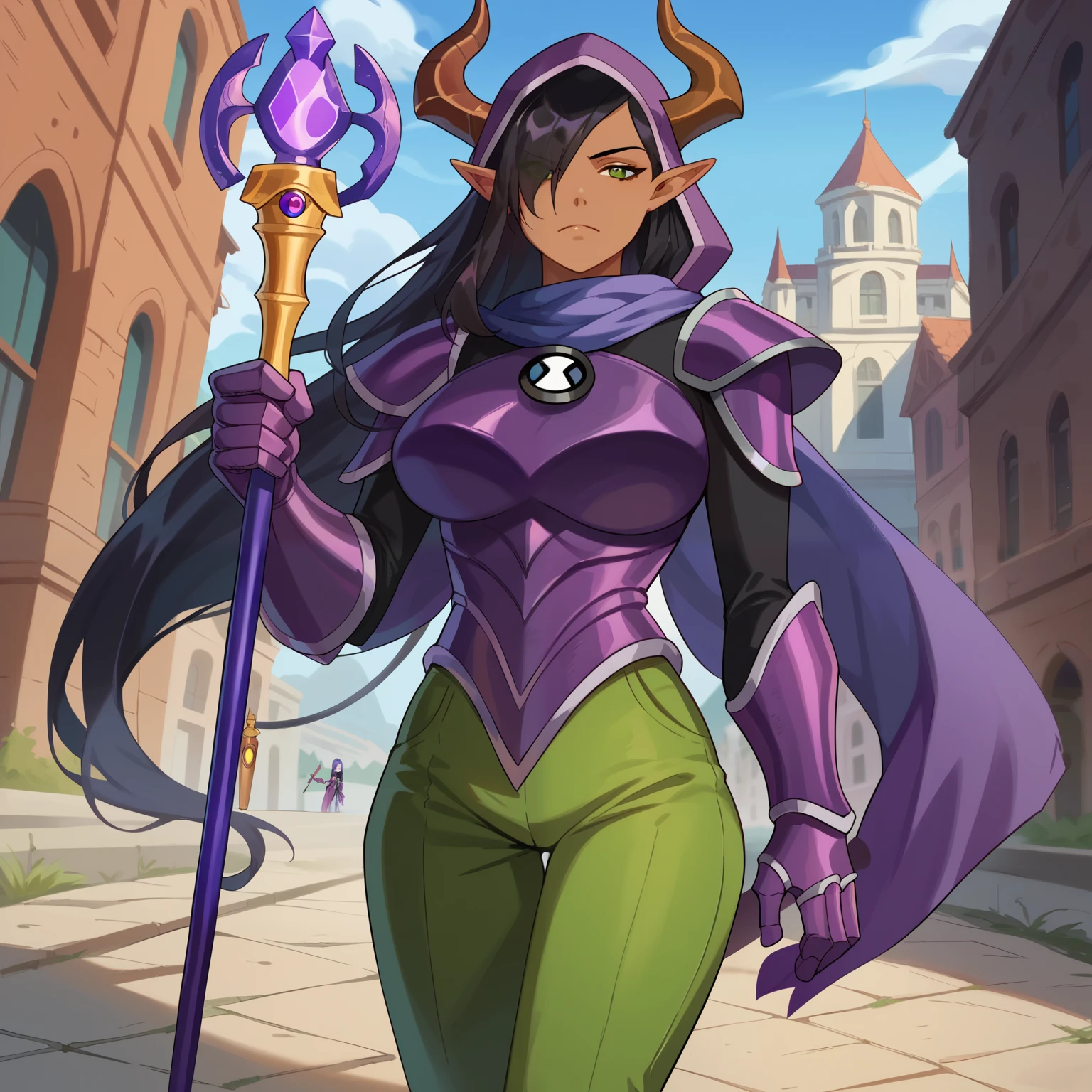 1girls, long hair, black hair, green eyes, very long hair, pointy ears , dark skin , hair over an eye , elf, dark elf, outdoor, urban landscape, looking at the viewer , Dutch angle, cowboy shot, purple hood , purple scarf, bull horns, armor, purple armor, guantlets, purple guantlets, metal gloves, bear claws , long pants, big breasts, green pants, magic scepter, long scepter, scepter in hand, purple scepter, ben10, insignia, 1insignia, armor, purple armor, hood, scarf, black shirt, black sleeves
