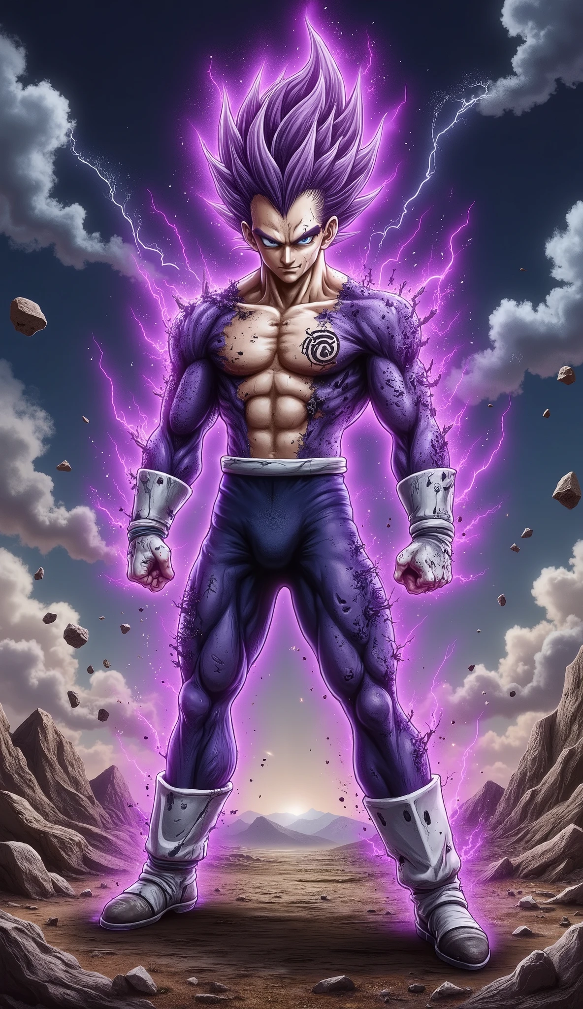 "A powerful Saiyan warrior stands in a dominant and imposing stance on a devastated, rocky battlefield under a dark, stormy sky filled with swirling clouds and crackling lightning. His muscular physique is accentuated by battle-worn Saiyan armor, with a torn, skin-tight purple bodysuit revealing his chiseled chest and abs. His sharp, piercing eyes glow with intense, vengeful rage, and a mysterious dark symbol is engraved on his forehead, signifying his dark transformation. His tall, spiky purple hair radiates electrifying energy, while his entire body is engulfed in a thick, swirling dark purple aura, pulsing with raw power and lightning arcs. Floating debris and shattered rock fragments levitate around him, emphasizing his immense, destructive energy. Captured from multiple dynamic angles and poses: Close-up shot: A dramatic focus on his face, highlighting his glowing eyes and intense expression. Low-angle shot: Looking up at him to emphasize his overwhelming power. Action pose: One arm extended, charging a powerful energy attack with crackling lightning. Over-the-shoulder shot: Viewing the destruction around him from his perspective, showcasing the ruined battlefield. Full-body stance: Standing with arms crossed, his dark aura swirling, and the storm raging behind him. Side kick pose: Delivering a devastating sideways kick, his muscles flexed, with shockwaves and energy bursts radiating from the impact, cracking the ground beneath him. Rendered in a highly detailed, cel-shaded anime style inspired by Dragon Ball Z, featuring dramatic lighting, intense contrast, intricate textures, and an action-packed cinematic atmosphere."