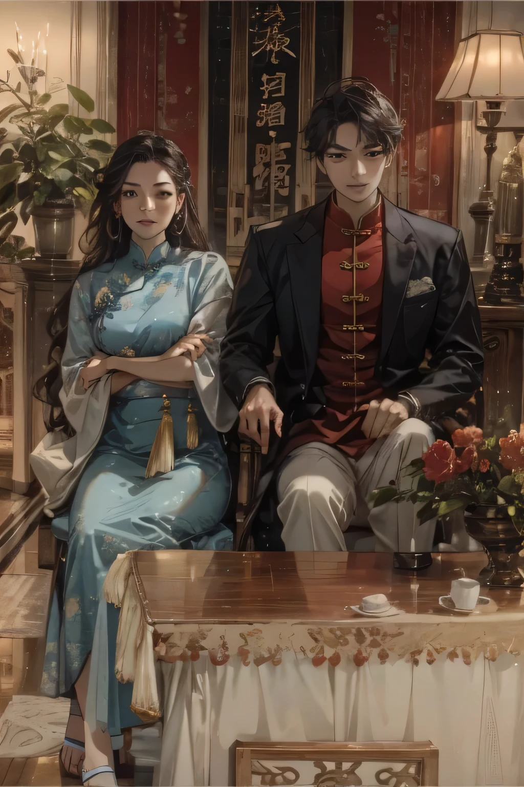 Woman cross-legged, man in Chinese cheongsam, black hair, 70s China, looking at viewer, indifferent face, Great Wall background, retro red woman's cheongsam, full body, both seated, front view, wide angle, sharp, with table in the middle, ผู้ชายหล่อ, ผู้หญิงสวย, คู่รัก, นั่งหันหน้าตรง, ภาพวาดหน้าปกนิยาย, นั่งห่างกัน, มีโต๊ะกั้นระหว่างผู้ชายและผู้หญิง