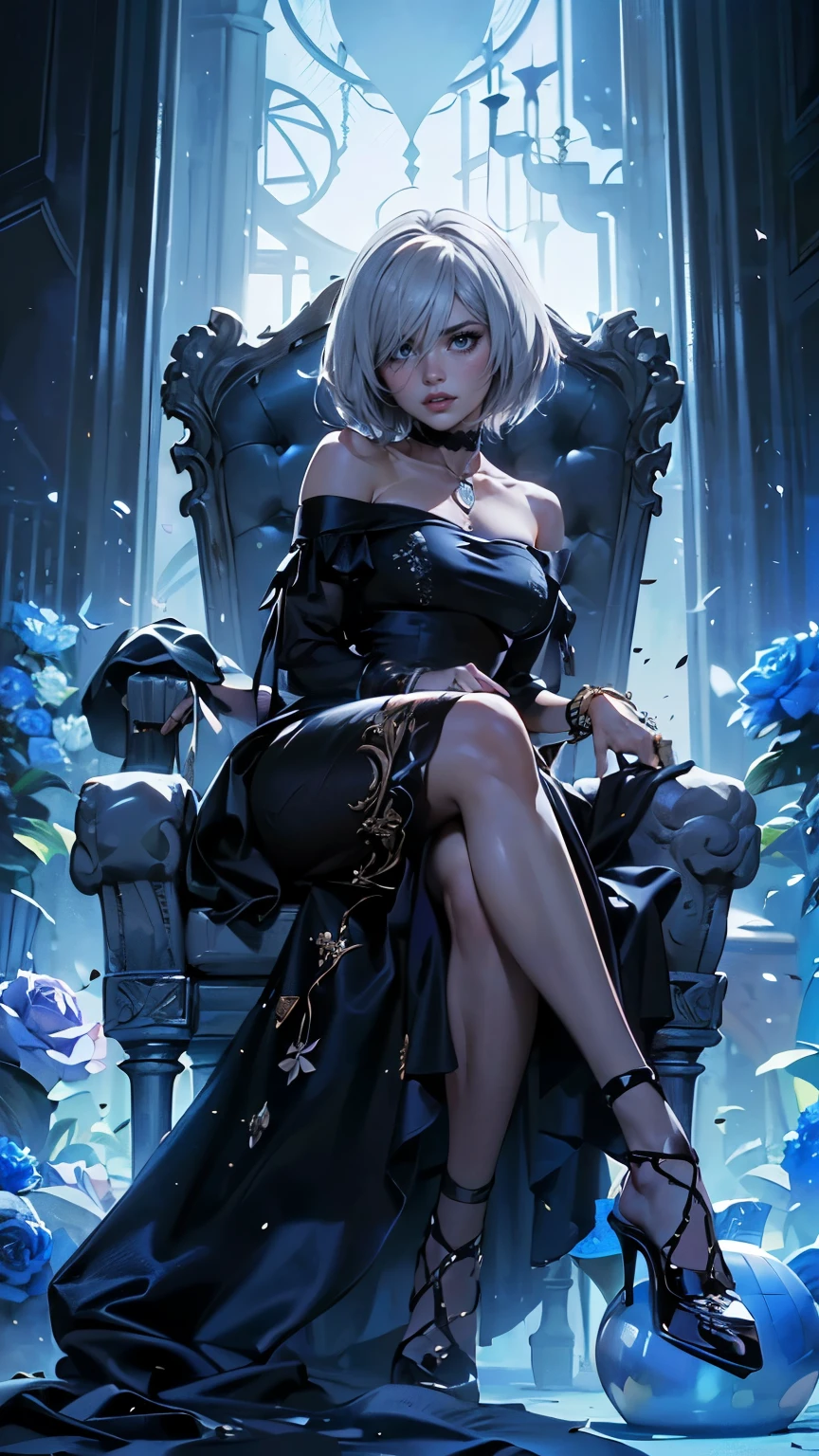 (1 girl, alone, alone), (yorha no.2 Type B, 2b, 1 girl, alone, short hair, by white, hair band, sale, covered eyes, black sale), ((alone, (1 woman,pink lipstick), extremely detailed , soft ambient lighting, 4k, Perfect eyes, a perfect face, perfect lighting, la 1 girl)), ((Physical aptitude, , well formed body, athletic body, toned body)) , ((long dress, Princess dress, black dress, gold embroidered dress, black heels, throne, throne with cowgirls, frozen castle, gold jewelry, gold necklace, gold bracelet, Session, crossed legs, calaveras, skull decoration))